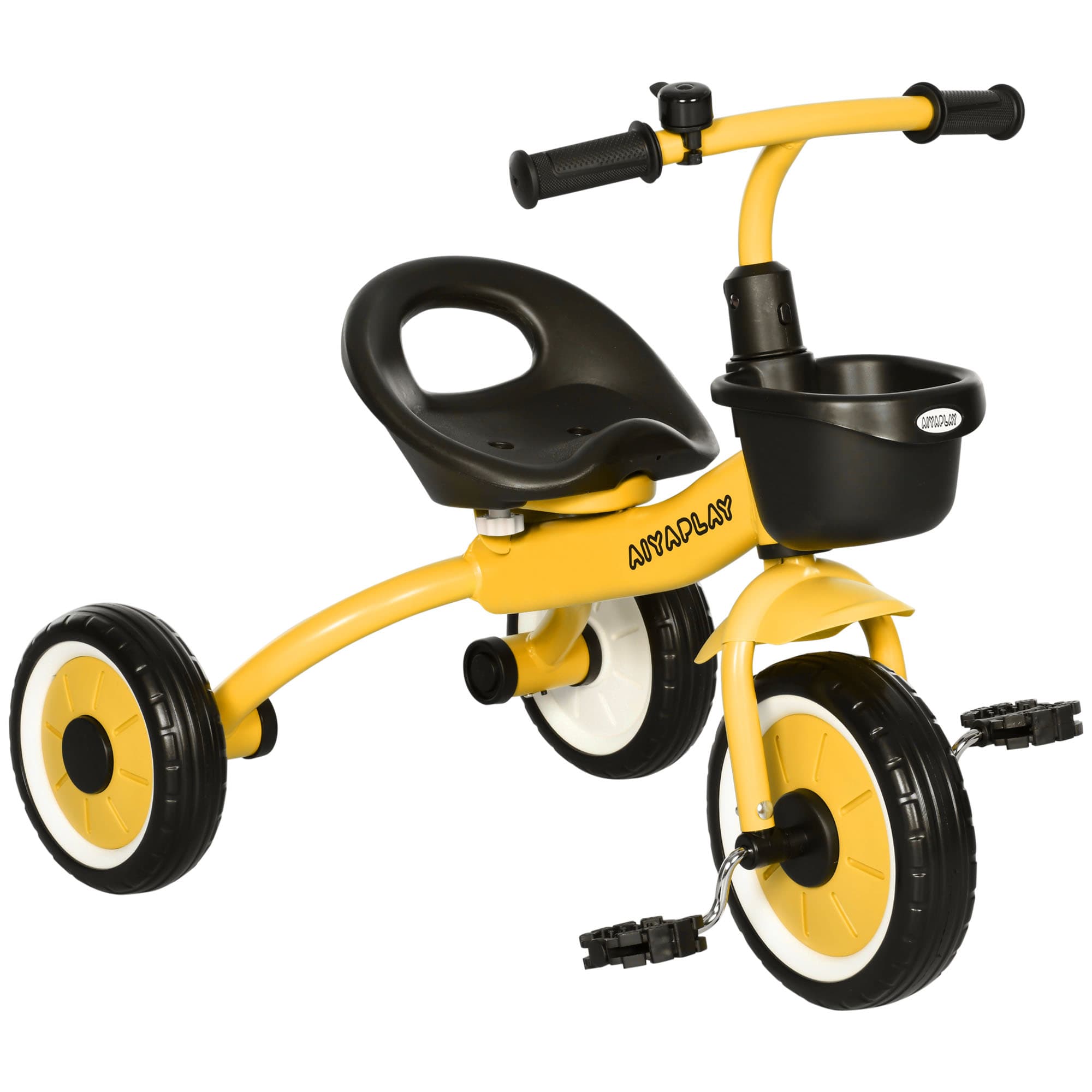 AIYAPLAY Toddler Trike: Adjustable Seat, Storage Basket & Bell, Durable Tricycle for 2-5 Years, Sunny Yellow | Aosom UK