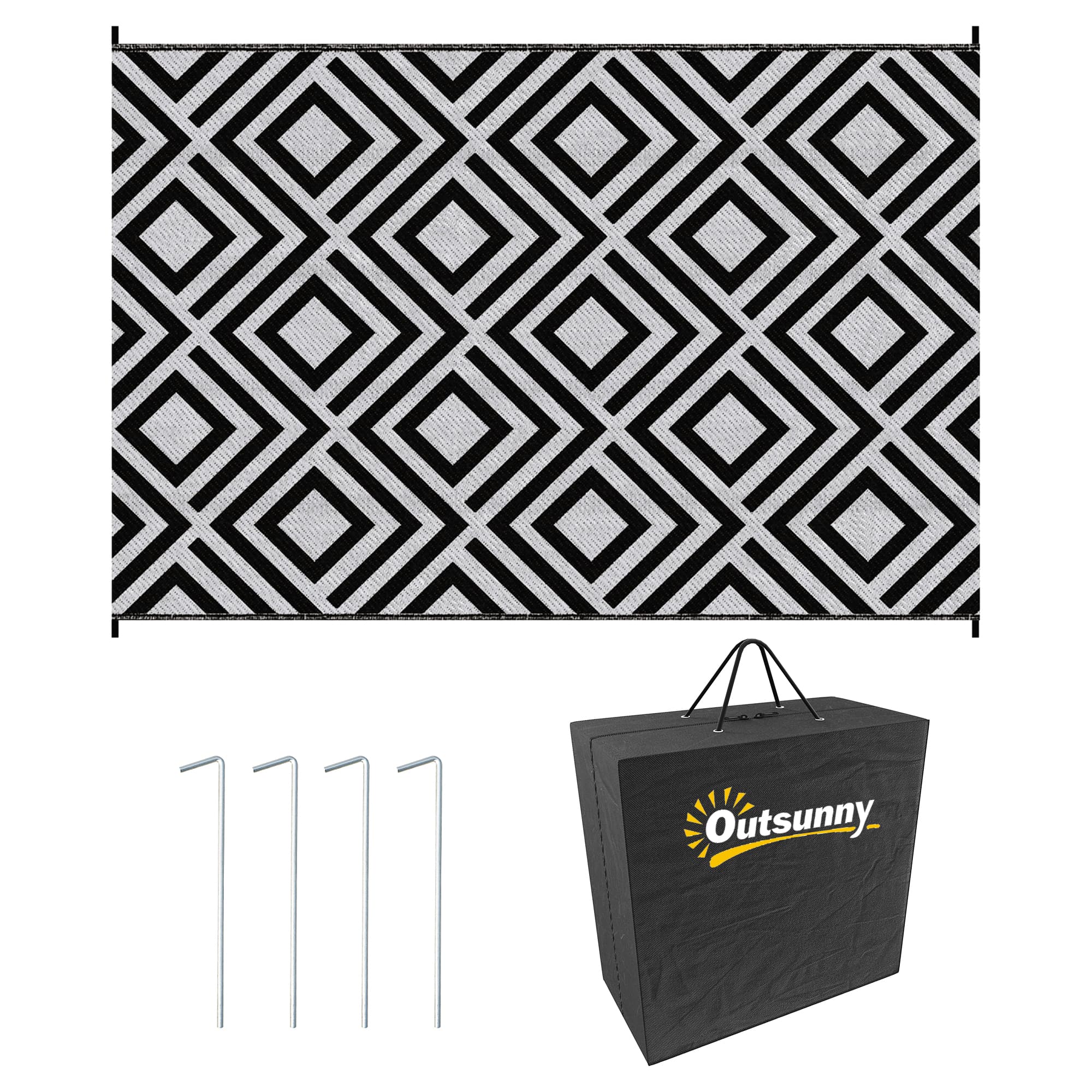 Outsunny Reversible Outdoor Mat, Plastic Straw Rug with Carry Bag & Ground Stakes, Black and White Rhombus, 182x274cm | Aosom UK