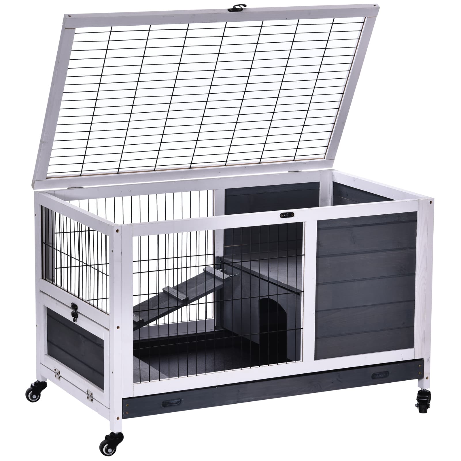 PawHut Rabbits Indoor Fir Wood Lift-Top Hutch Grey | Aosom UK