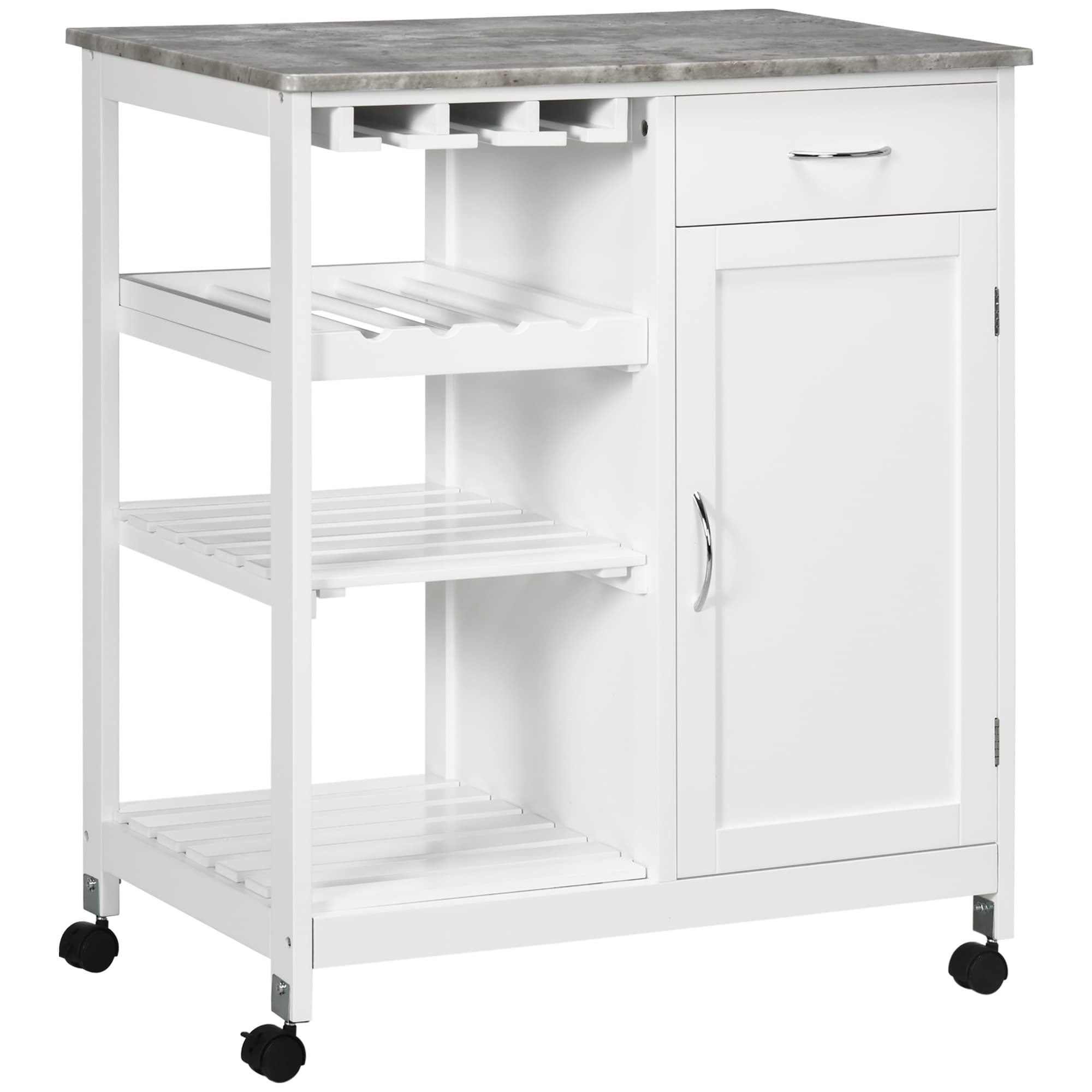 HOMCOM Compact Kitchen Trolley Utility Cart on Wheels with Wine Rack, Drawer, Open Shelf and Storage Cabinet for Dining Room, White | Aosom UK