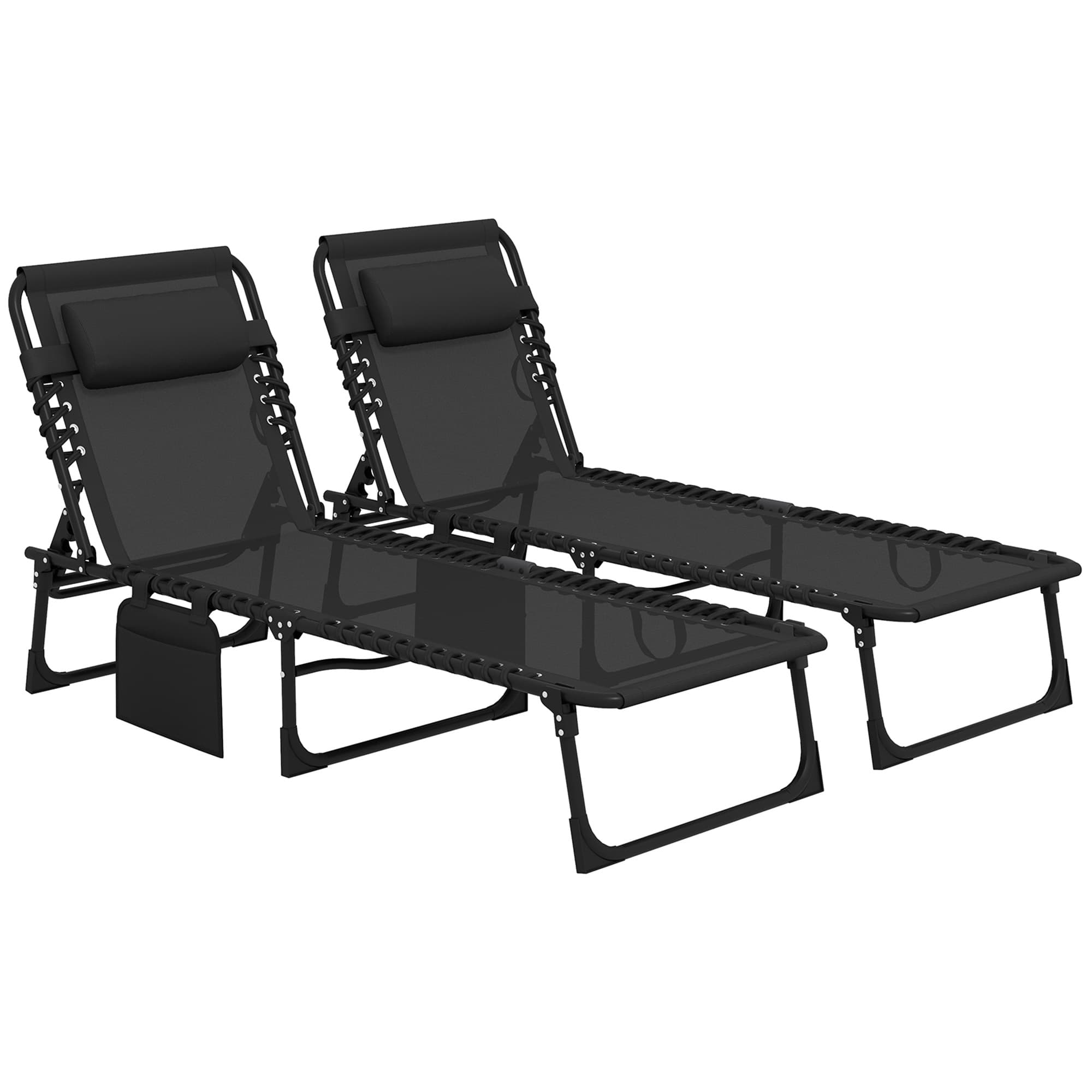 Outsunny Portable Sun Lounger Set of 2, Folding Camping Bed Cot with 5-position Adjustable Backrest, Side Pocket and Pillow, Black