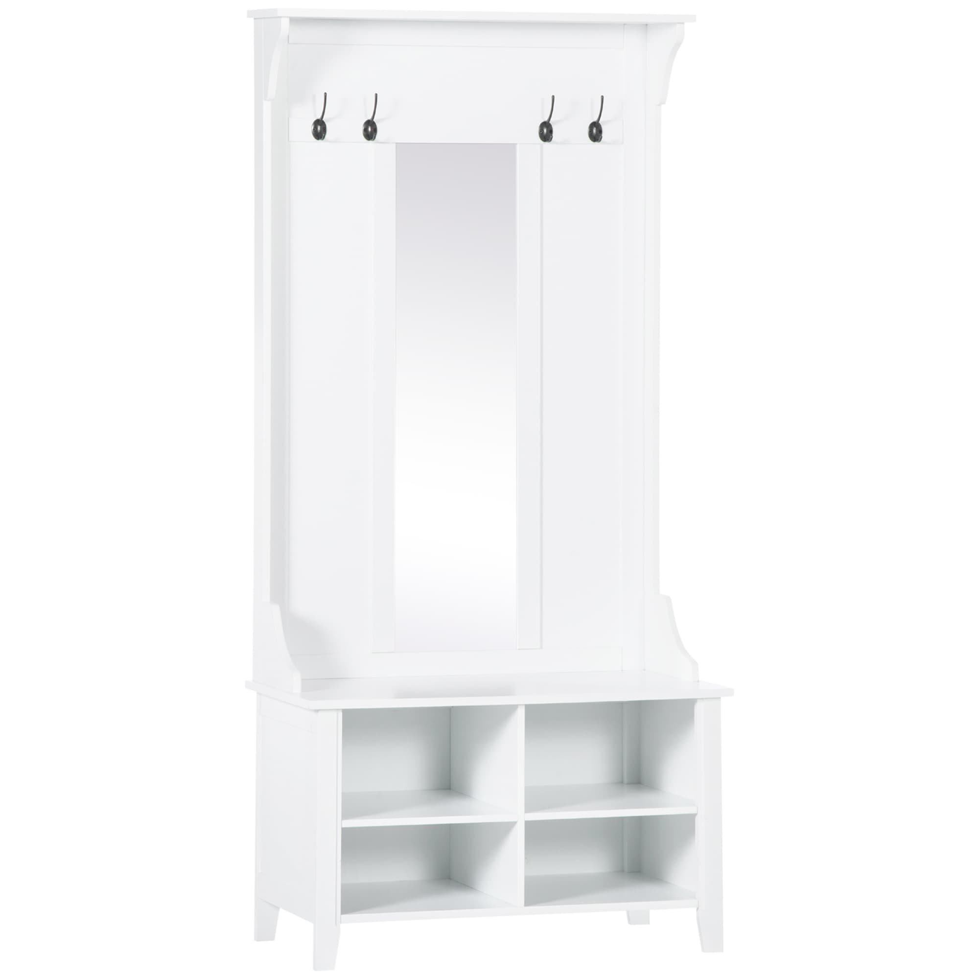 HOMCOM Entryway Storage Solution, Shoe Bench with Mirror, Coat Rack, Organiser Shelves, 4 Hooks, White | Aosom UK