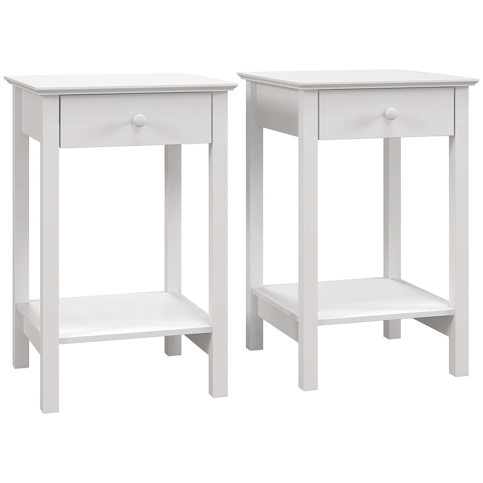 HOMCOM White Bedside Table, Wooden Side Table, Nightstand, Bedside Cabinet with Drawer and Storage Shelf for Bedroom, Set of 2 | Aosom UK