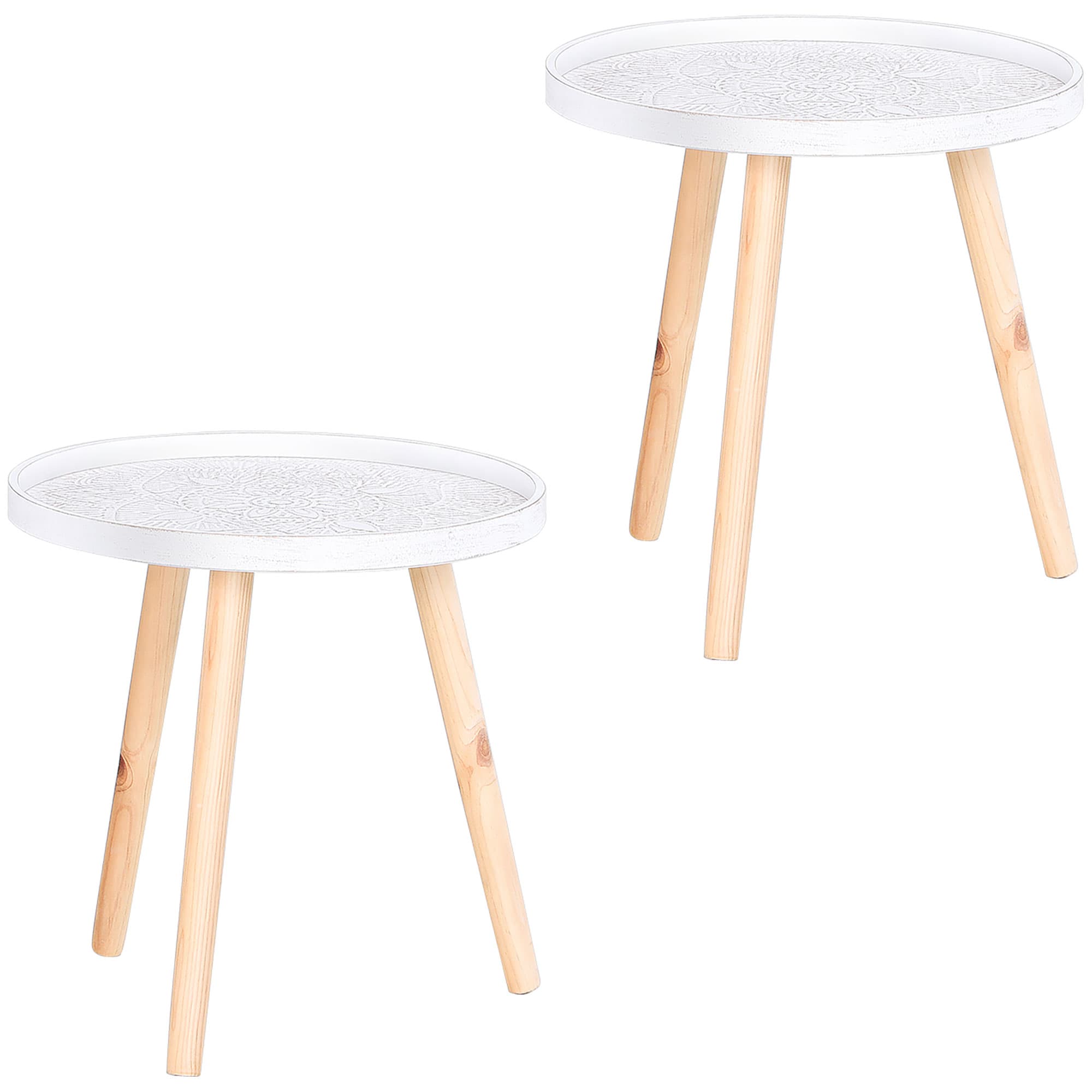 HOMCOM Carved Elegance: Set of 2 Floral Coffee Tables with Tray Top, Wooden Legs, Modern Round Side Tables, White | Aosom UK
