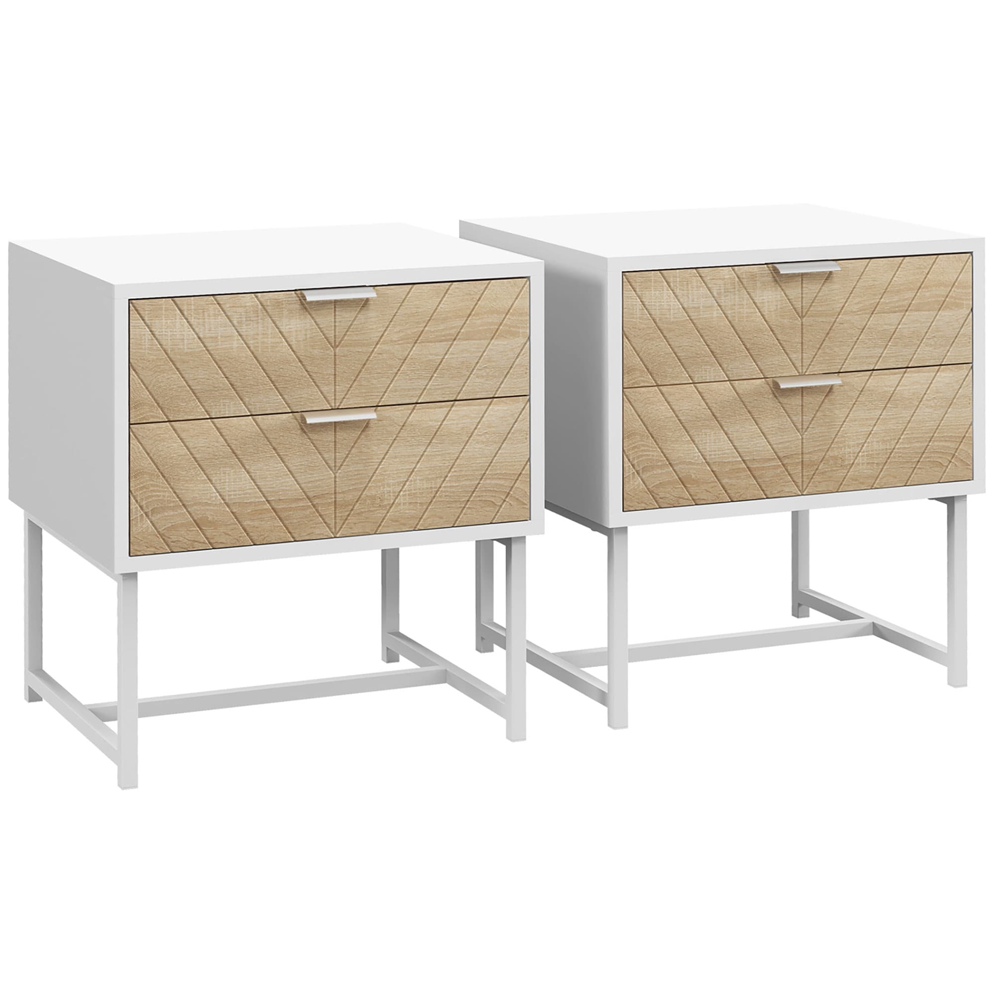 HOMCOM Modern Bedside Tables: Set of 2 with Drawers & Metal Frame, Sofa Side Tables, White and Oak | Aosom UK