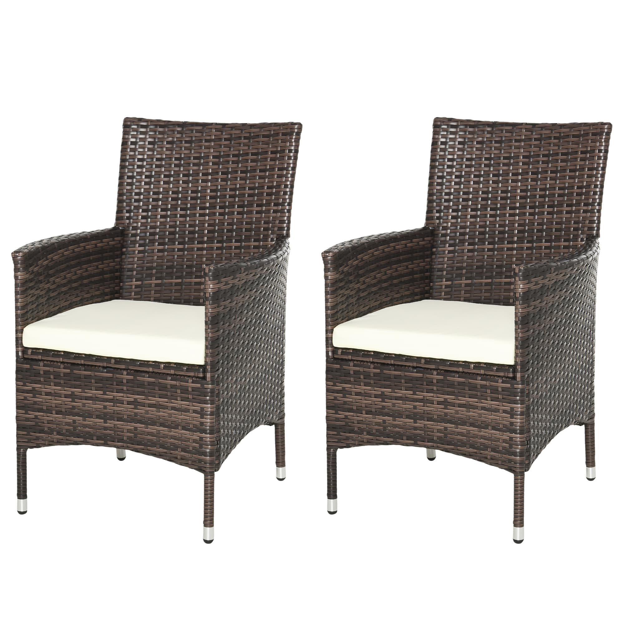 Outsunny 2-Seater Rattan Dining Chairs, w/ Cushions & Armrests for Patio, Mixed Brown | Aosom UK