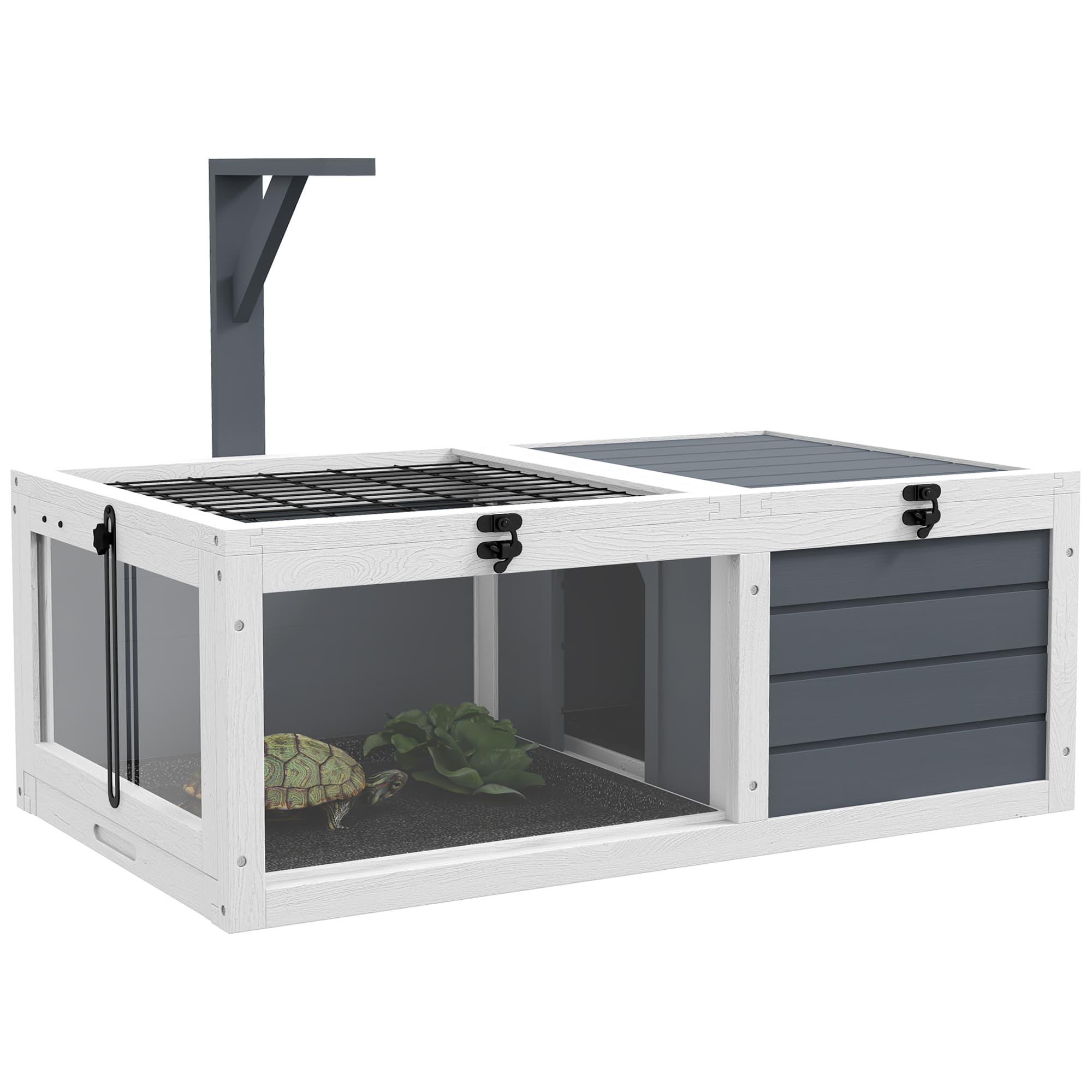 PawHut Tortoise Table with Wooden Lamp Holder, Wooden Tortoise House w/ Openable Lids, Pull-Out Trays - Grey | Aosom UK