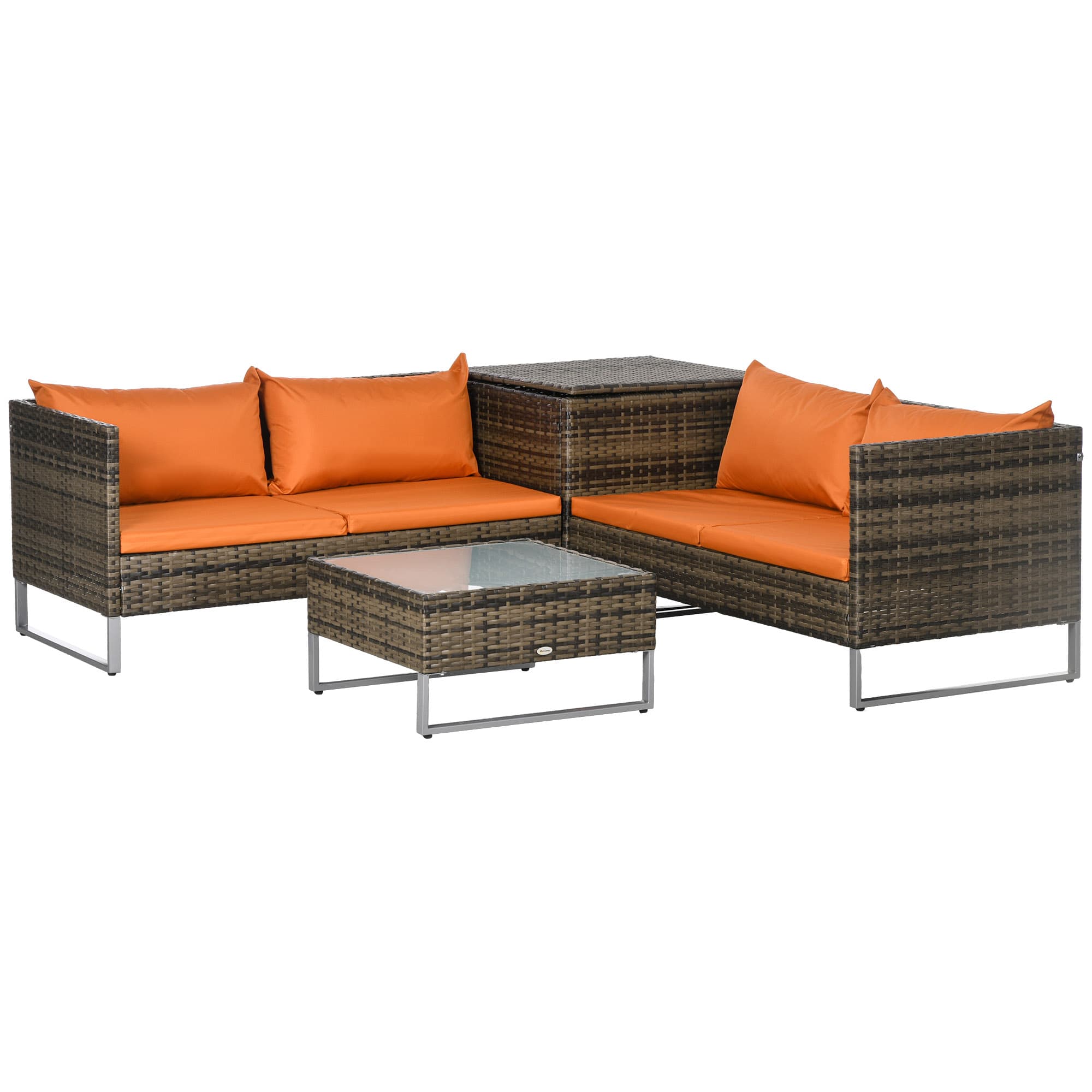 Outsunny 4pc Patio Furniture Set, Rattan Wicker Outdoor Corner Sofa Set with Love Seat, Table, Cushions, Orange | Aosom UK