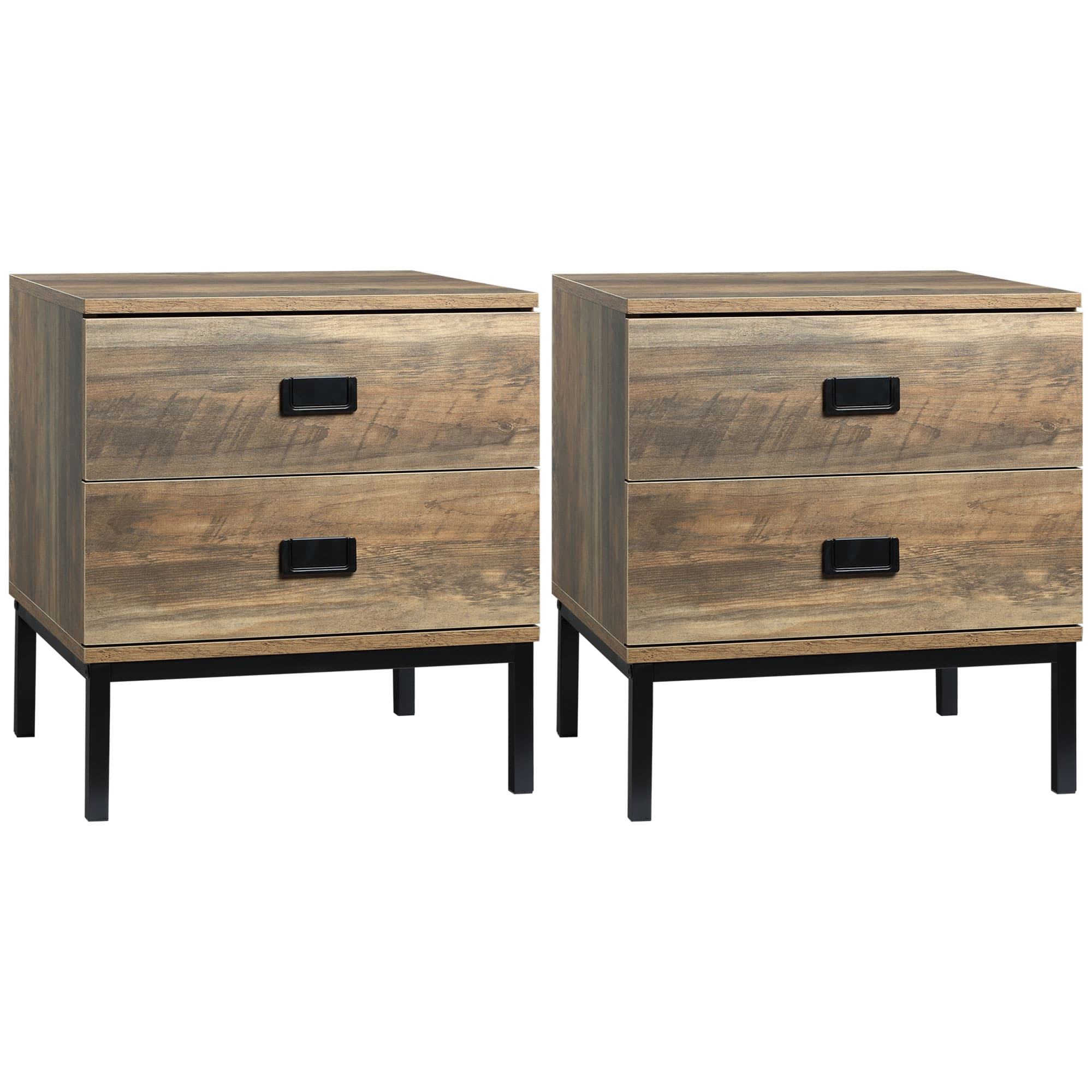 HOMCOM Retro Bedside Units: Metal Frame Side Tables with 2 Drawers, Set of 2, Coffee Tone | Aosom UK