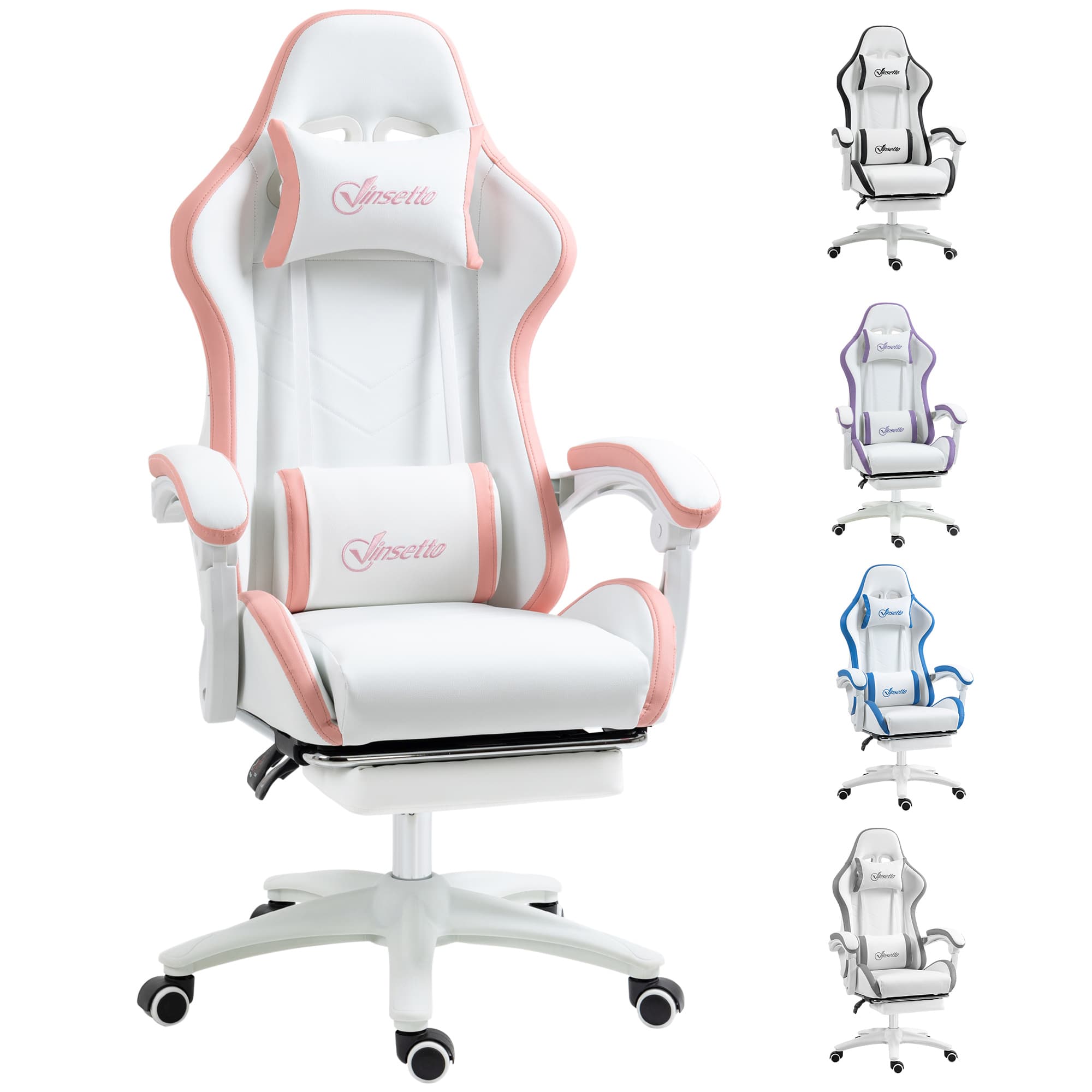 Vinsetto Racing Gaming Chair, Reclining PU Leather Computer Chair with 360 Degree Swivel Seat, Footrest, Removable Headrest White and Pink | Aosom UK