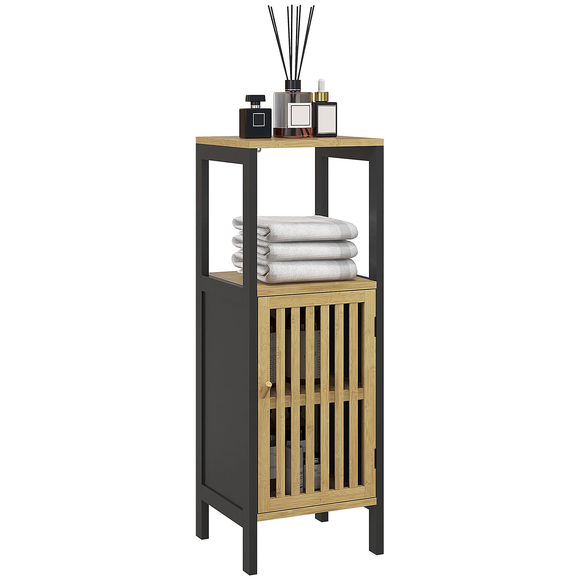 HOMCOM Slim Bathroom Storage Cabinet, Small Bamboo Bathroom Cabinet with Open Compartment and Adjustable Shelf, Black | Aosom UK