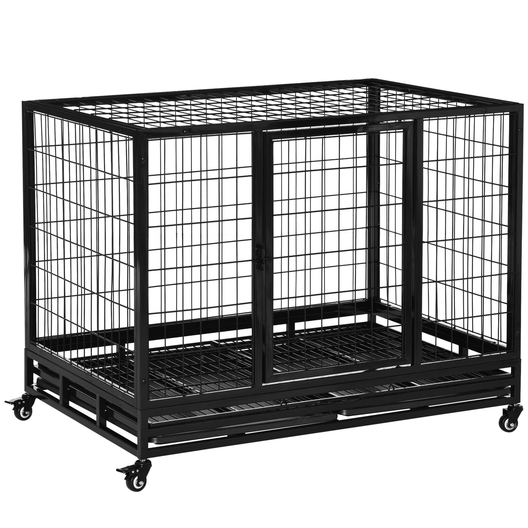 PawHut Xl Dog Crate,  43" Heavy Duty, Metal Pet Cage with Crate Tray and Wheels, Black, Large | Aosom UK
