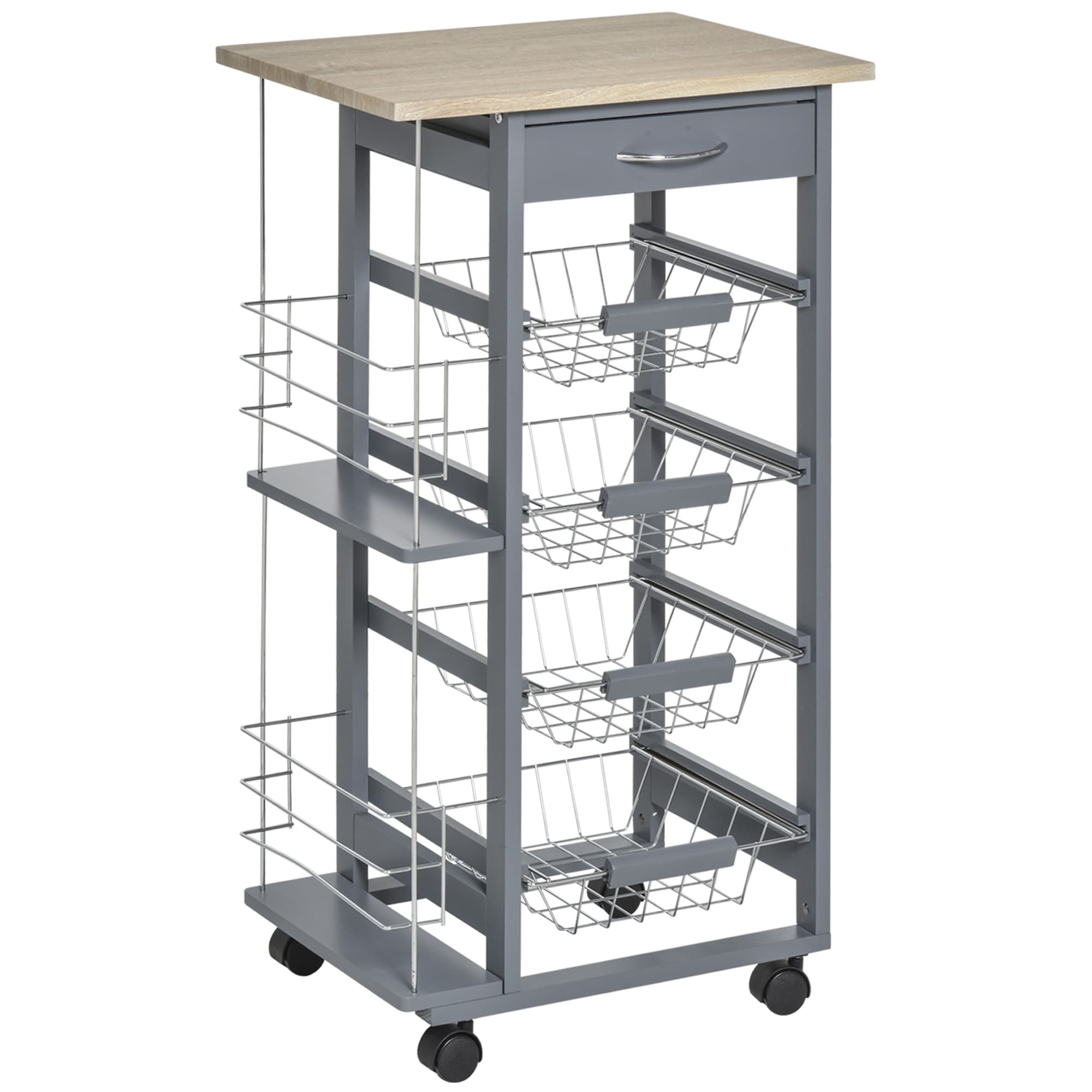 HOMCOM Kitchen Trolley, Multi-Use Kitchen Island w/ 4 Baskets 2 Side Racks 4 Wheels Food Storage Smooth Rolling Compact Furniture Dark Grey | Aosom UK