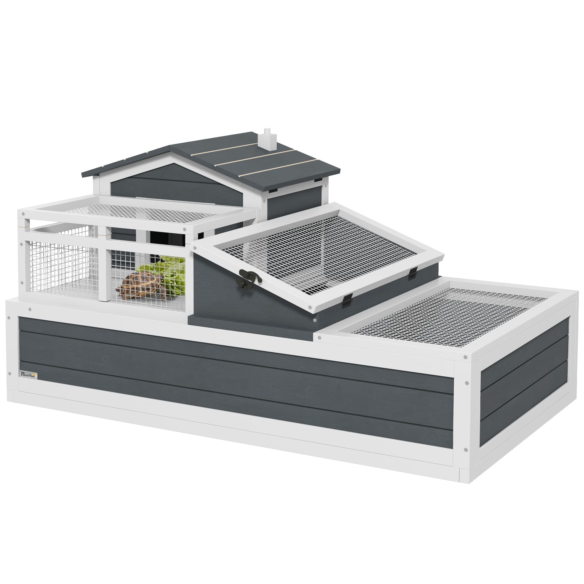 PawHut Tortoise House 3-Room with 2 Stories, Ladder, Balcony, Tray, Openable Roof, 59H x 112L x 65Wcm, Grey | Aosom UK