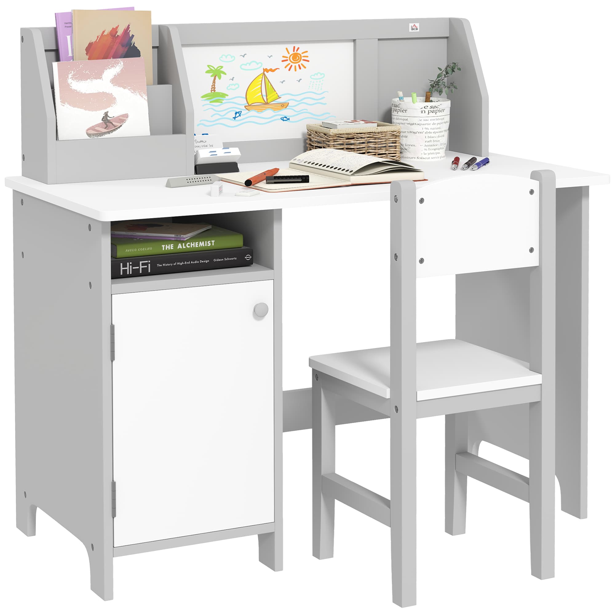 HOMCOM Toddler Activity Station: Table & Chair Set with Dry Erase Top, 2 Piece, Grey | Aosom UK