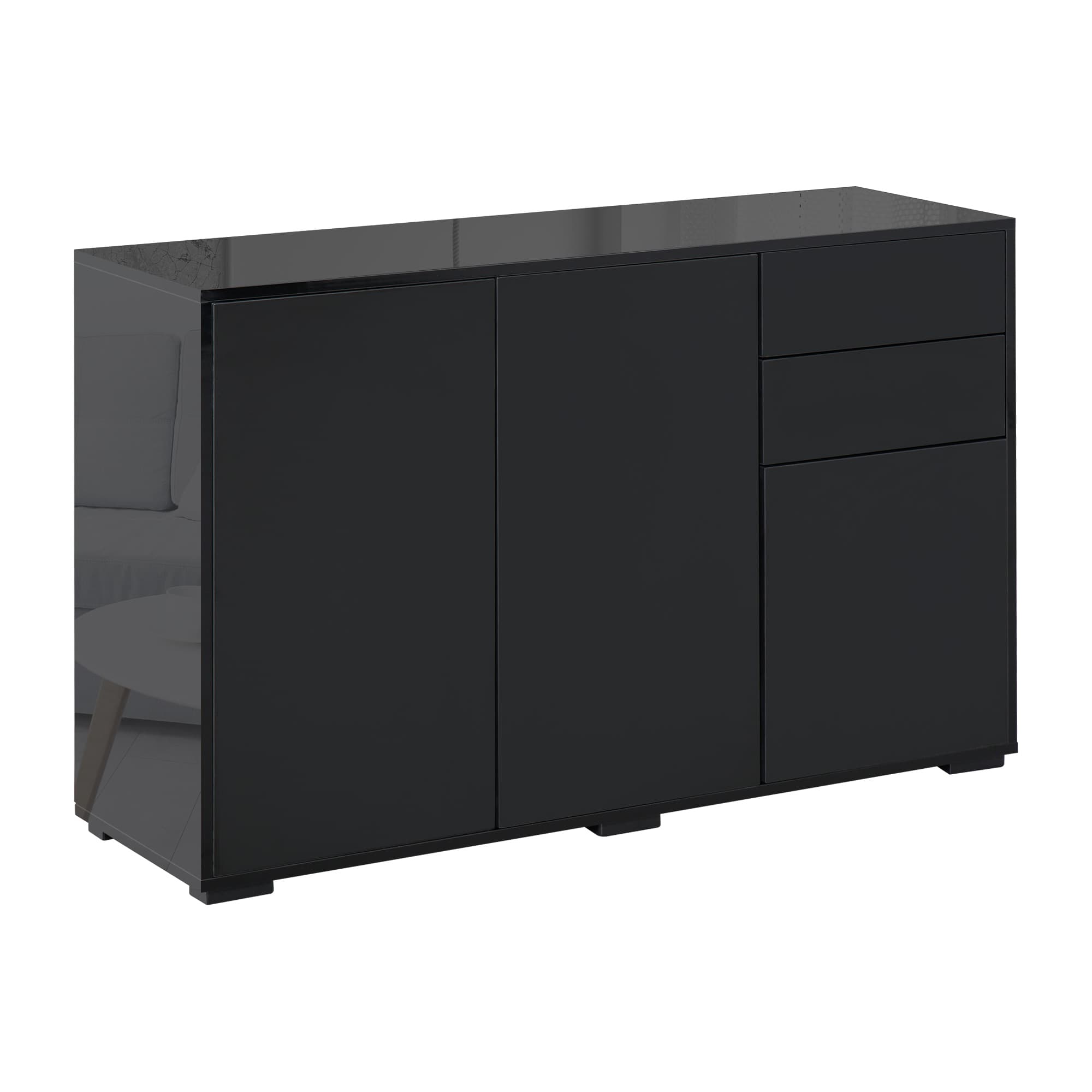 HOMCOM Modern Sideboard, High Gloss 120cm Storage Unit w/ 2 Drawers & Push-Open Doors for Living Room, Black | Aosom UK