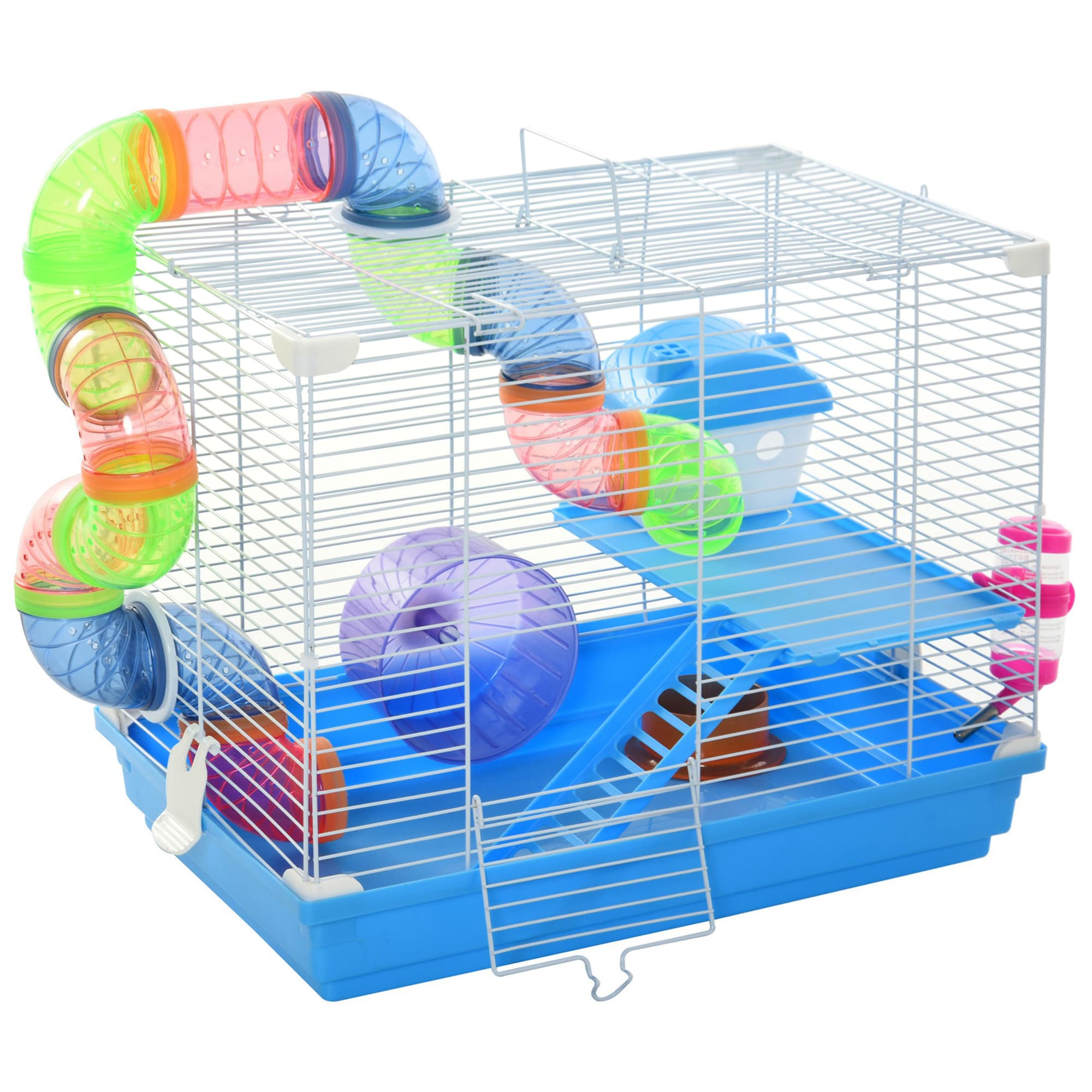 Pawhut 2 Tier Hamster Cage Carrier Habitat Small Animal House with Exercise Wheels Tunnel Tube Water Bottle Dishes for Dwarf Mice, Blue | Aosom UK
