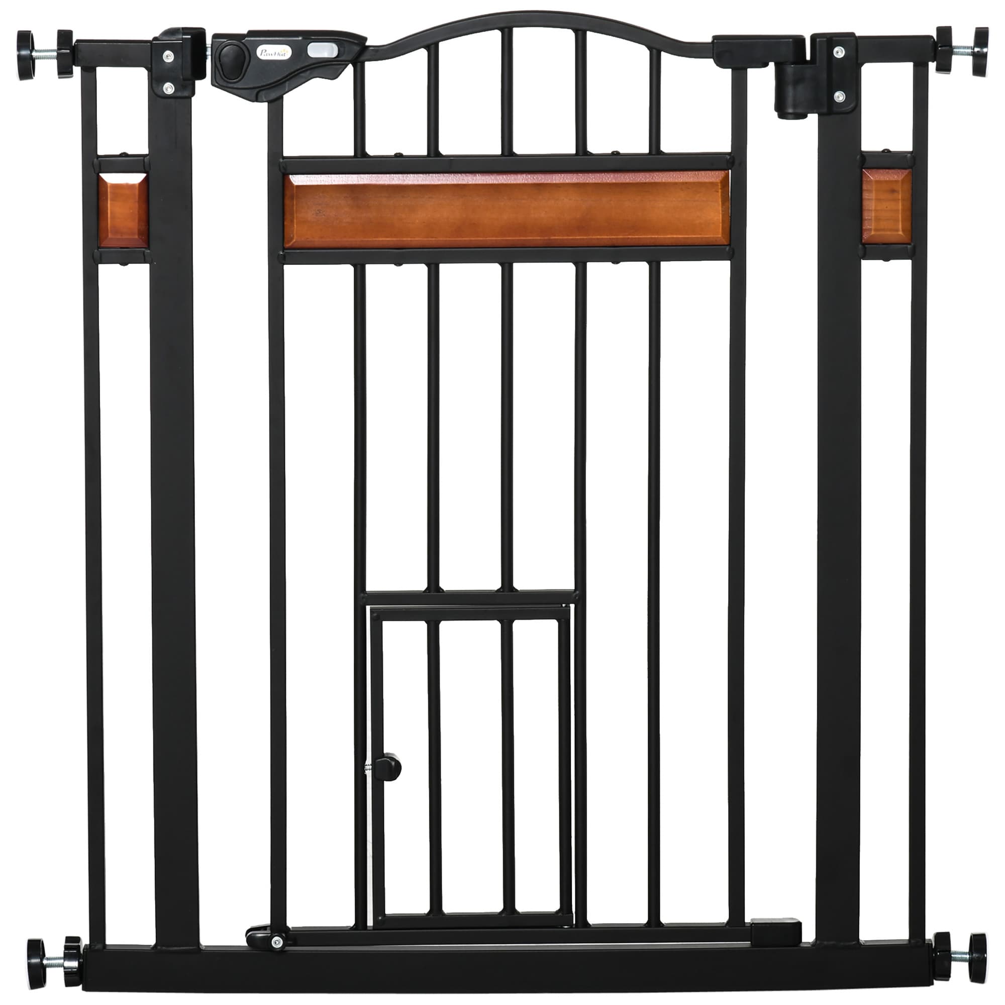 PawHut Dog Gate w/ Cat Door Pet Safety Gate, Auto Close Double Locking Pine Wood Decoration, for Doorways Stairs Indoor, 74-80 cm, Black | Aosom UK