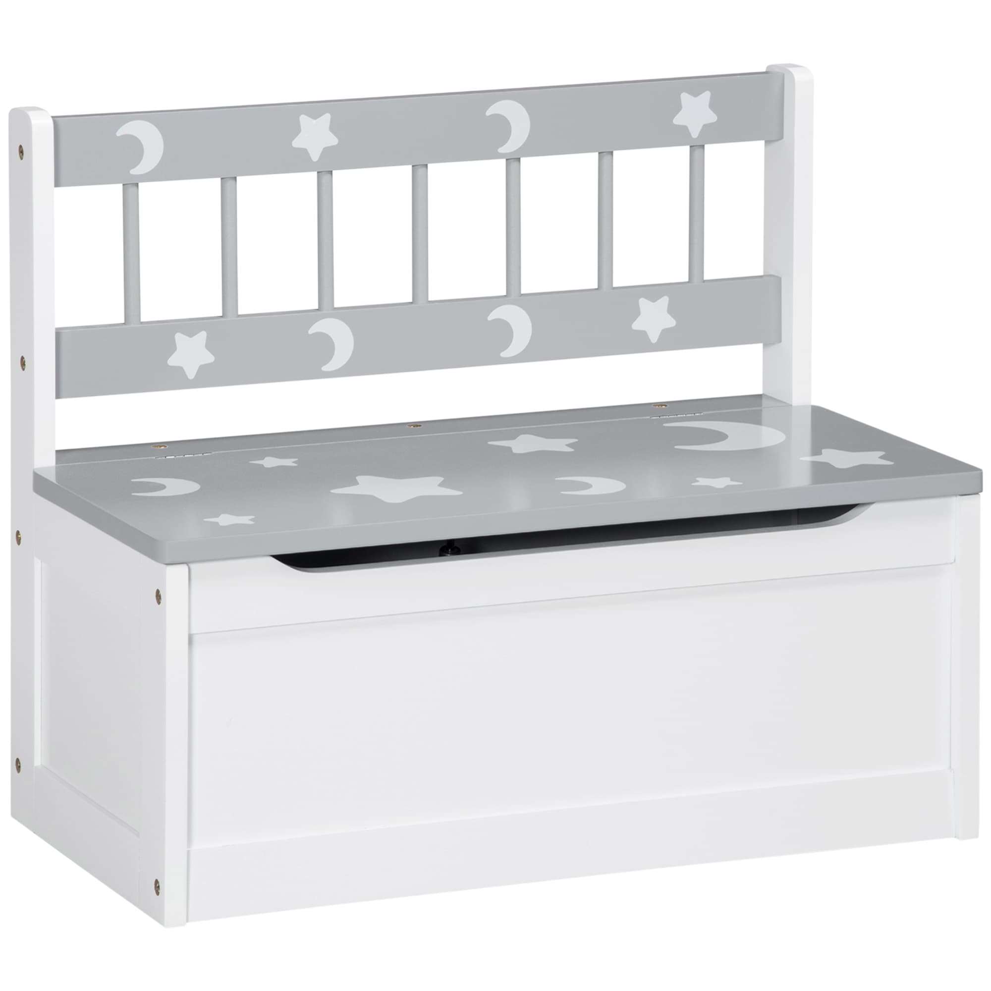 ZONEKIZ 2-IN-1 Wooden Toy Box, Kids Storage Bench Toy Chest with Safety Pneumatic Rod, Star & Moon Pattern, Grey | Aosom UK