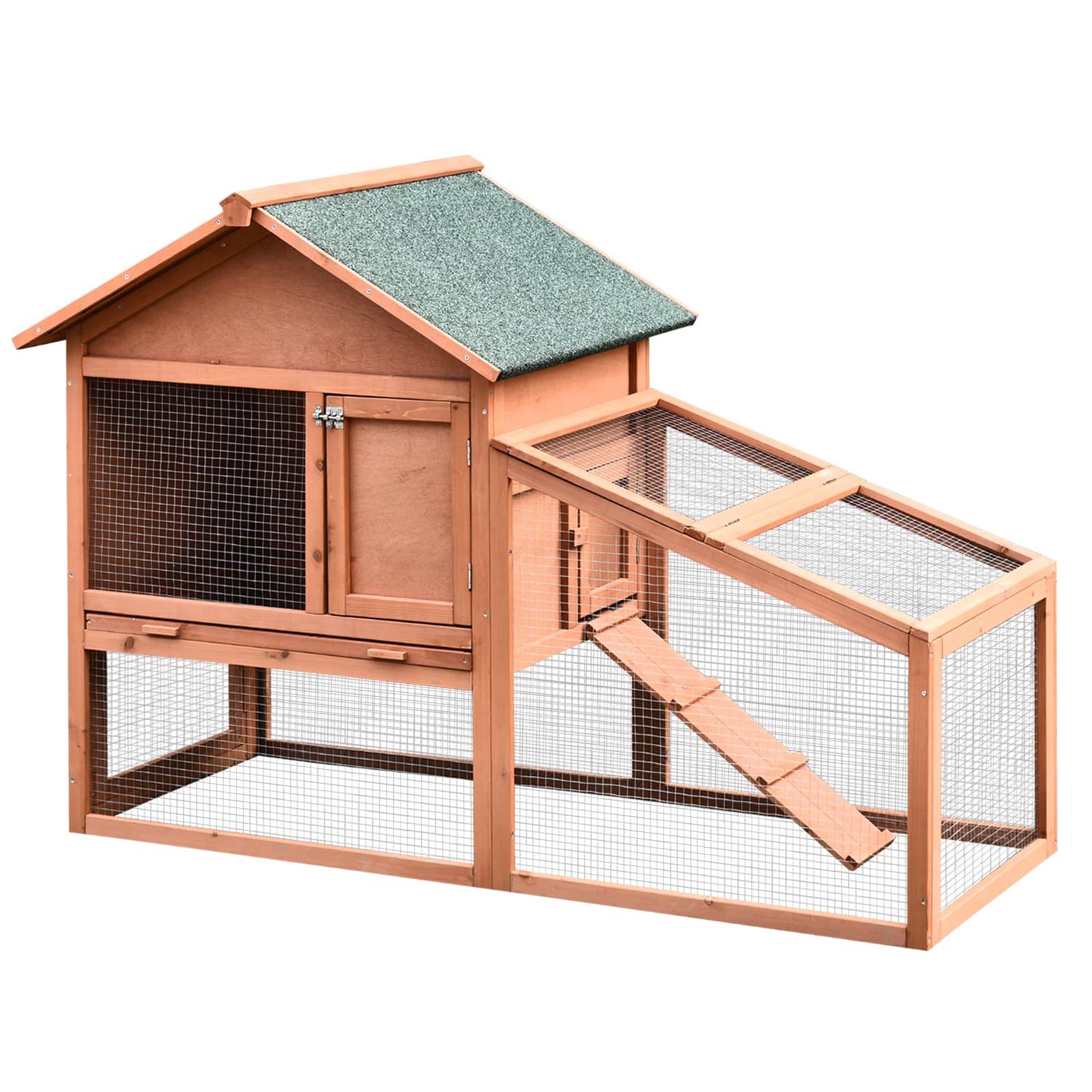 PawHut 2-Tier Solid Wooden Rabbit Hutch, Waterproof Asphalt Roof, Ramp, Removable Tray for Rabbits & Small Pets, Red/Brown | Aosom UK