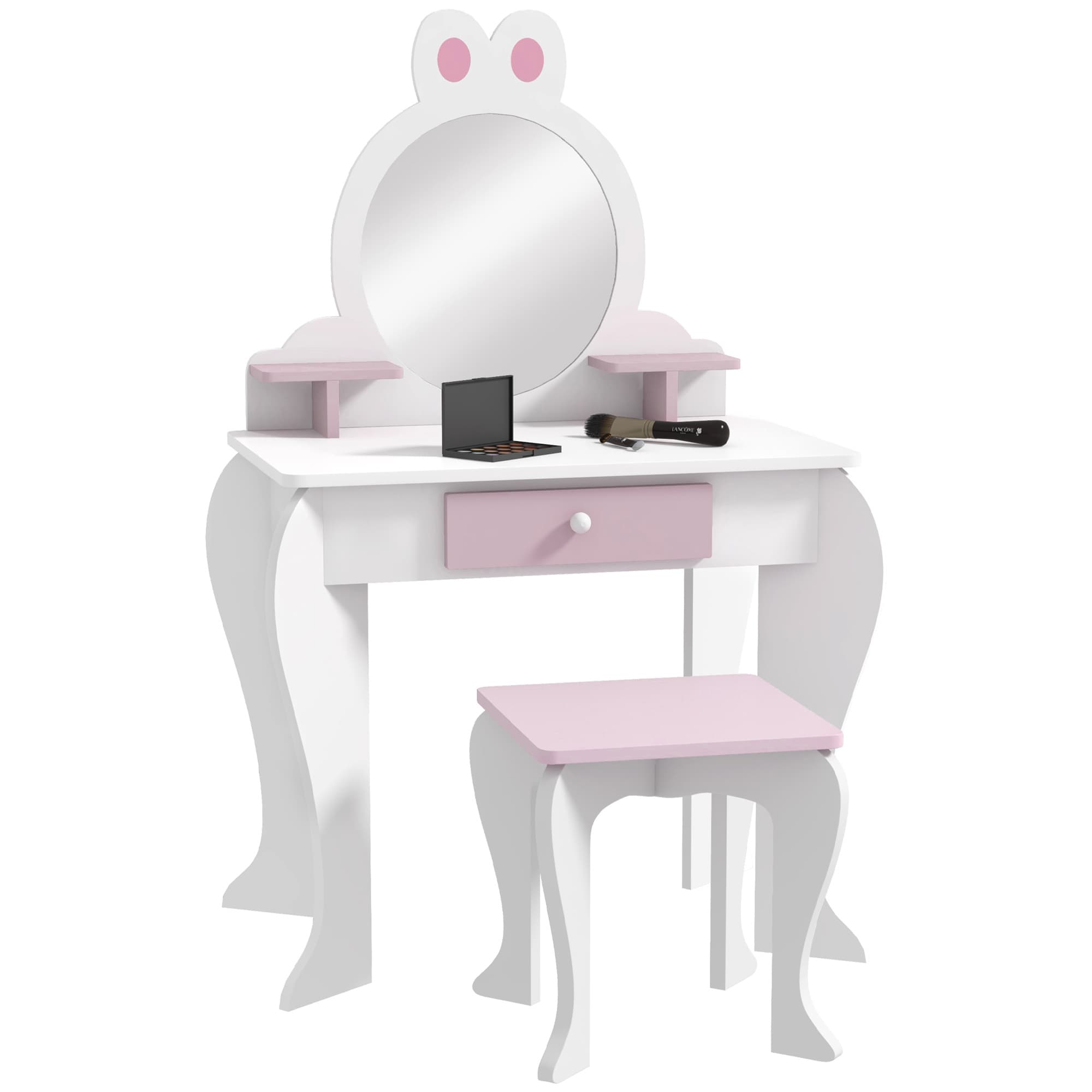 ZONEKIZ Bunny-Design Kids Dressing Table, with Mirror and Stool, Fun and Functional, White and Pink | Aosom UK