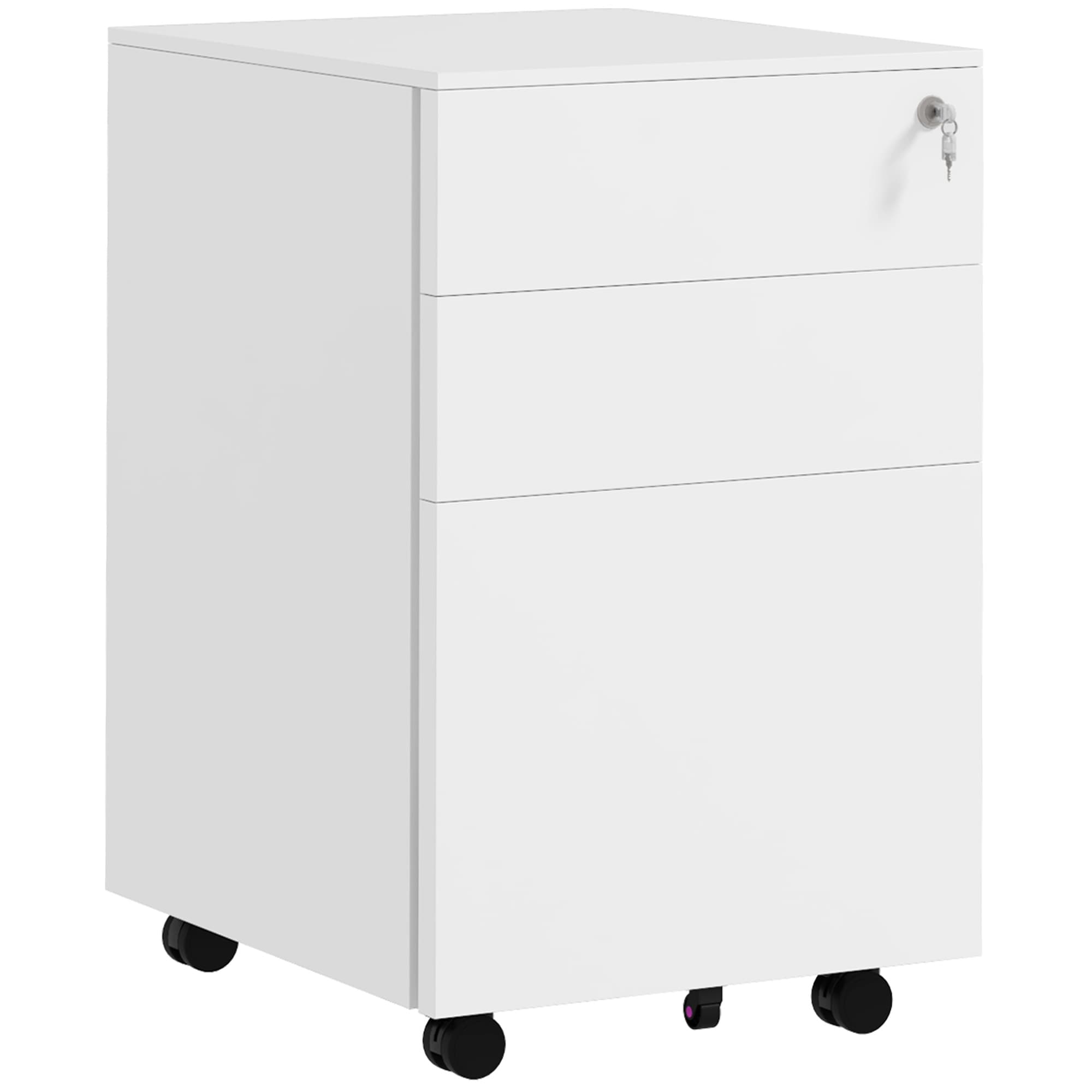Vinsetto 3 Drawer Small Filing Cabinet w/ Lock & Pencil Tray, Steel Mobile File Cabinet w/ Adjustable Hanging Bar for Office Storage, White | Aosom UK