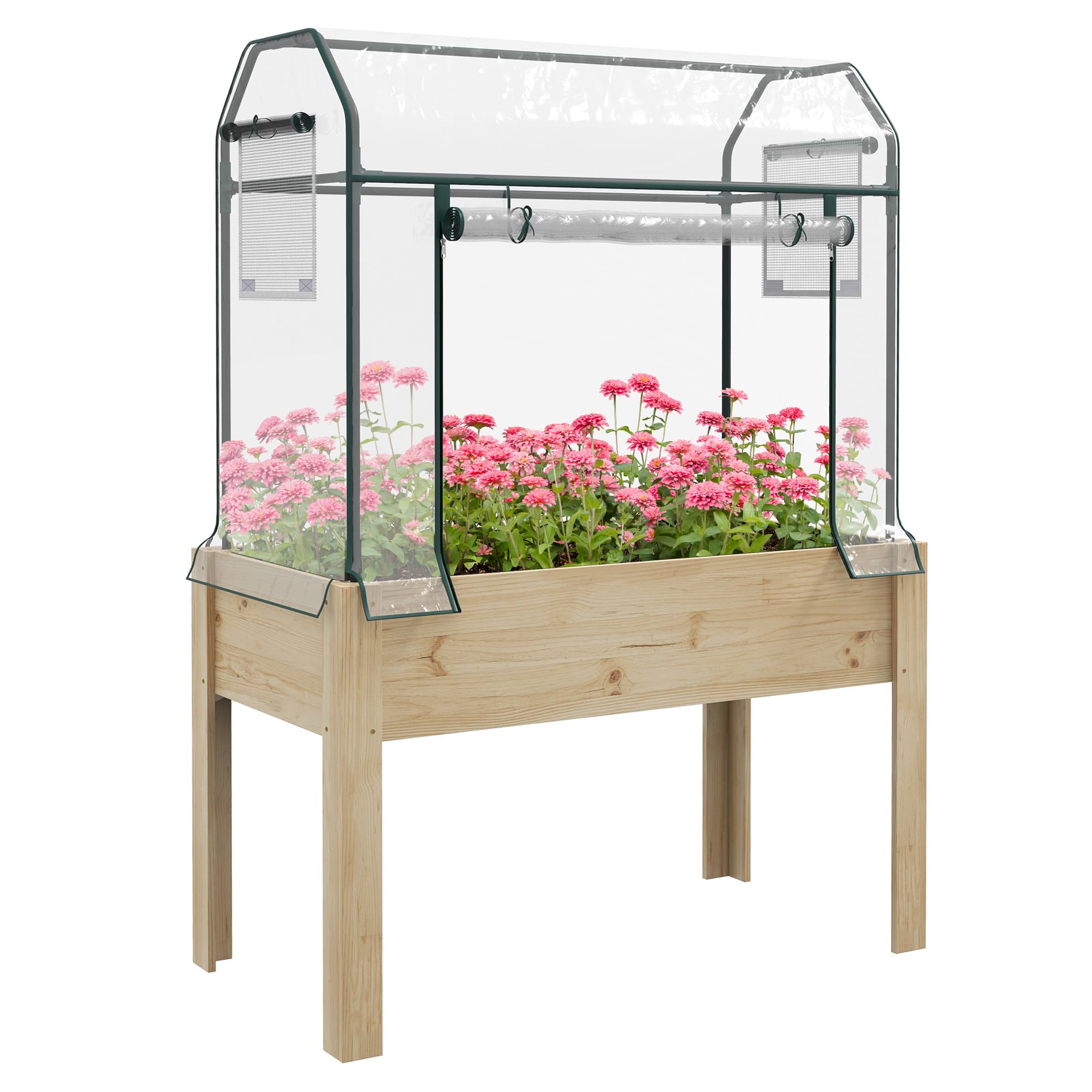 Outsunny Wooden Planter Box with Greenhouse Cover and Bed Liner, Raised Garden Bed for Vegetables, Flowers, Herbs | Aosom UK