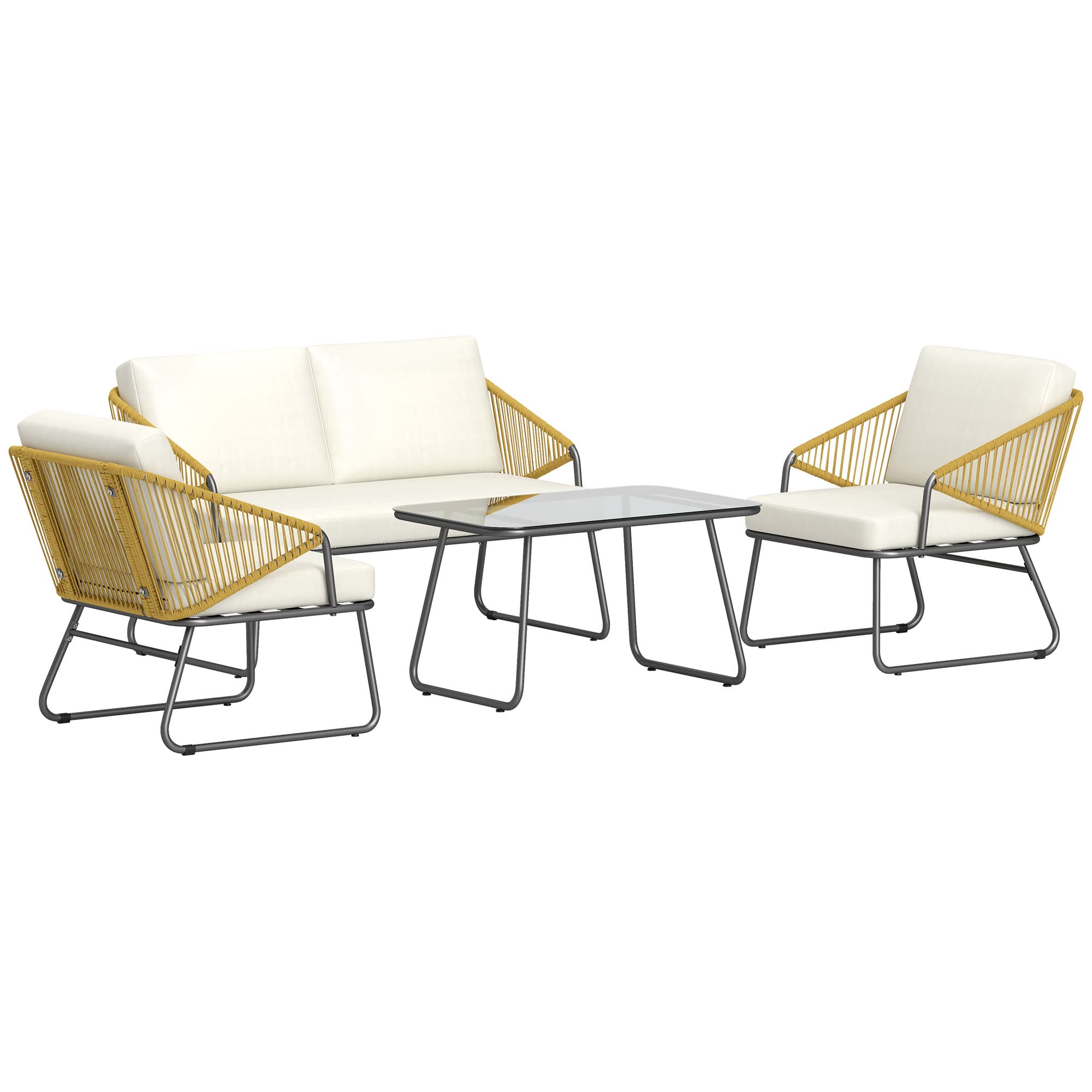 Outsunny 4 Piece Rattan Garden Furniture Set, Wicker Patio Outdoor Furniture Set with Armchairs, Cushions for Conservatory, Balcony, Natural Wood