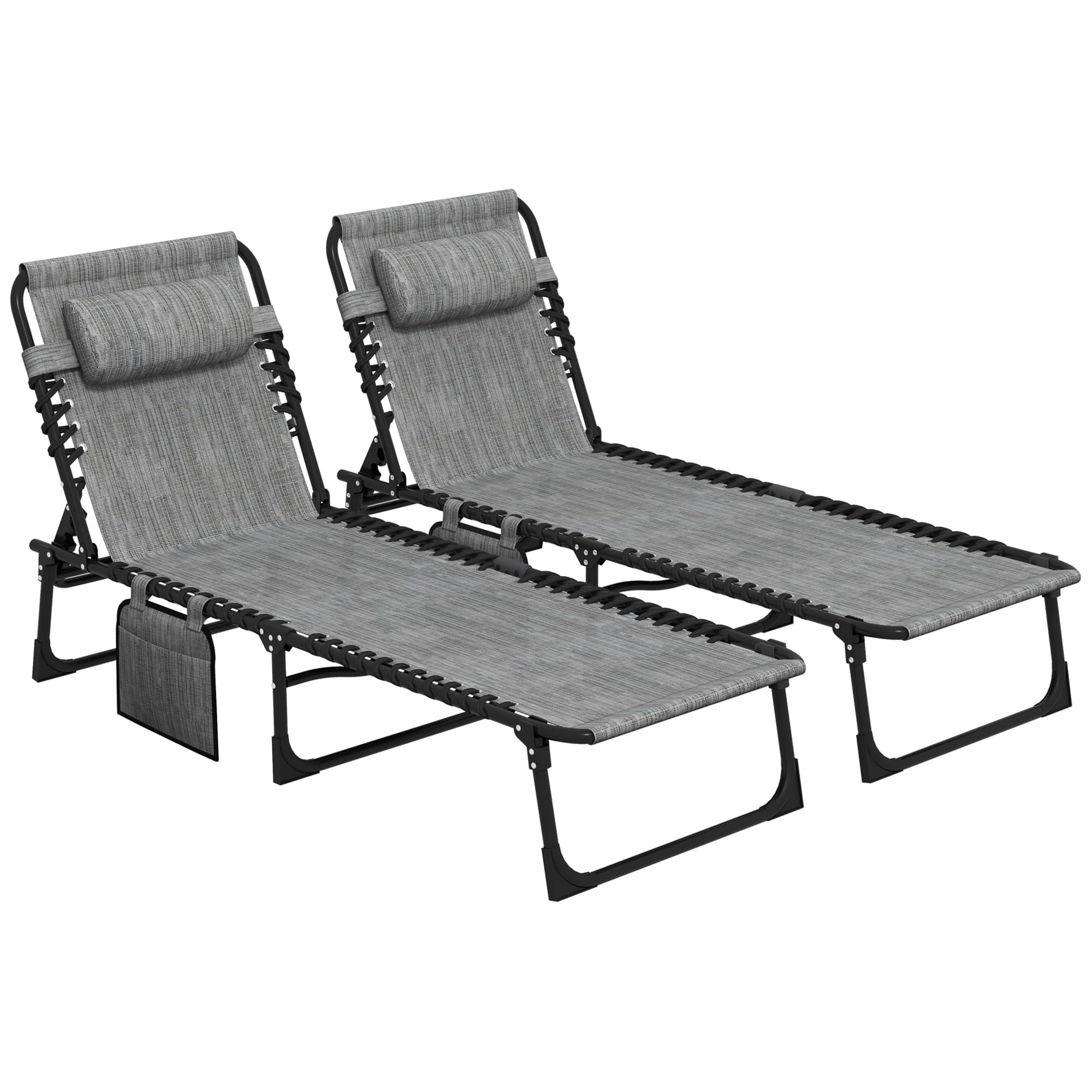 Outsunny Portable Sun Lounger Set of 2, Folding Camping Bed Cot, Reclining Lounge Chair 5-position Adjustable Backrest, Mixed Grey