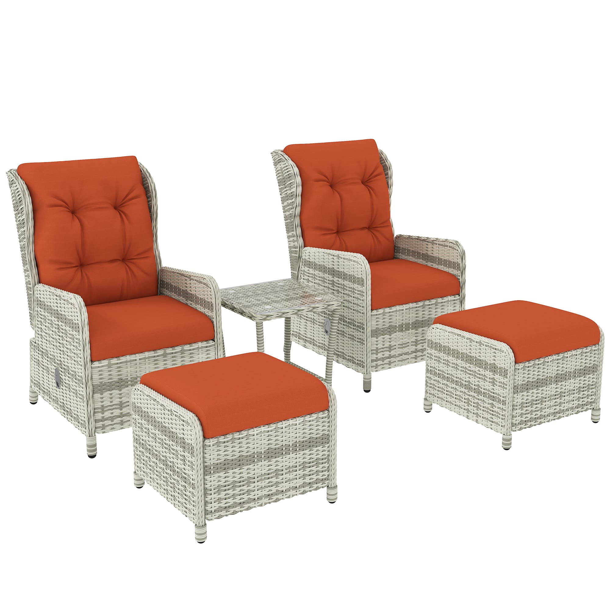 Outsunny 5 Pieces Rattan Bistro Set with Adjustable Back, Reclining Wicker Balcony Furniture with Cushions, Glass Top, Footstools, Orange