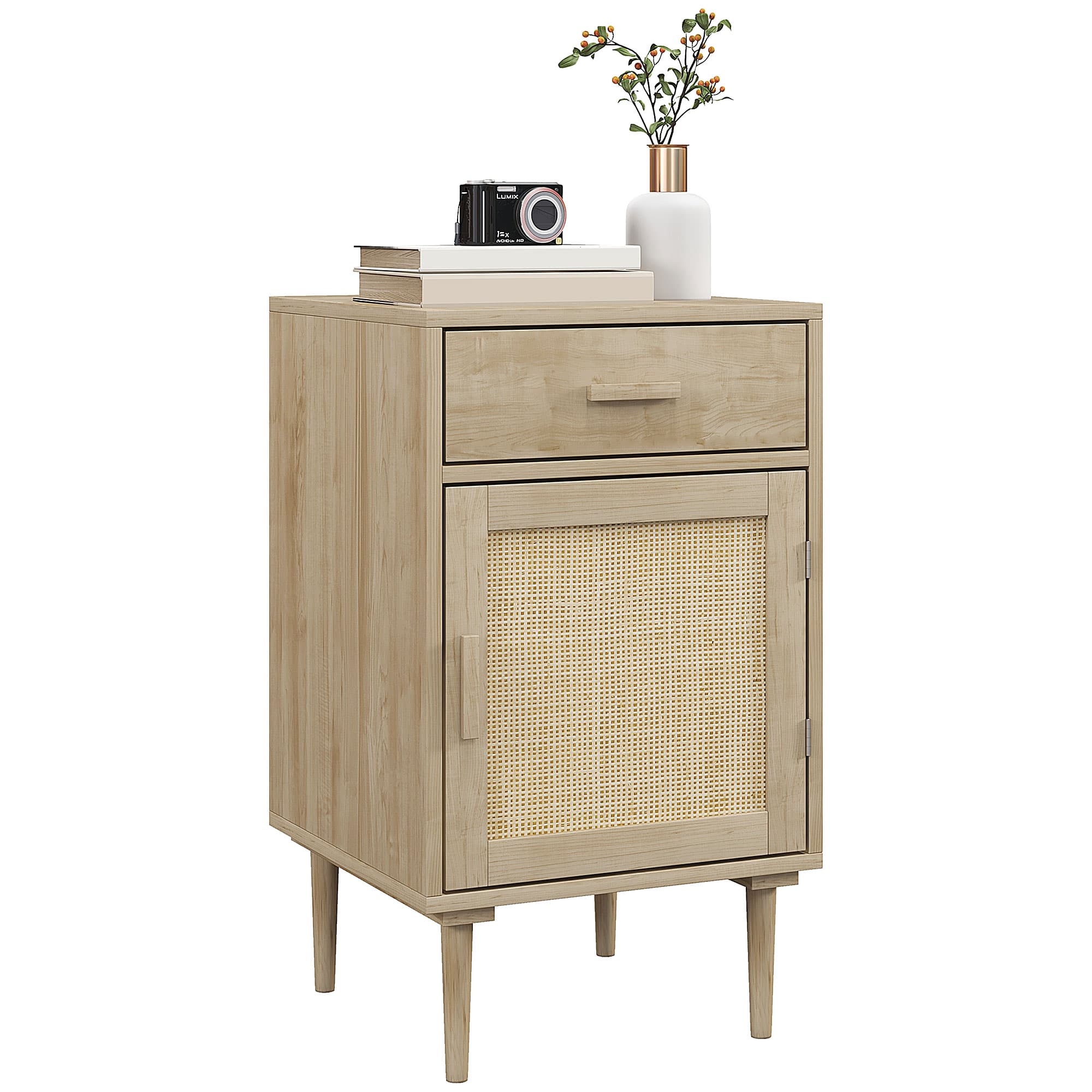 HOMCOM Bedside Table, Rattan Side Tables w/ Drawer, Cabinet & Adjustable Shelf, Boho Bedside Cabinet w/ Storage for Bedroom, Living Room, | Aosom UK