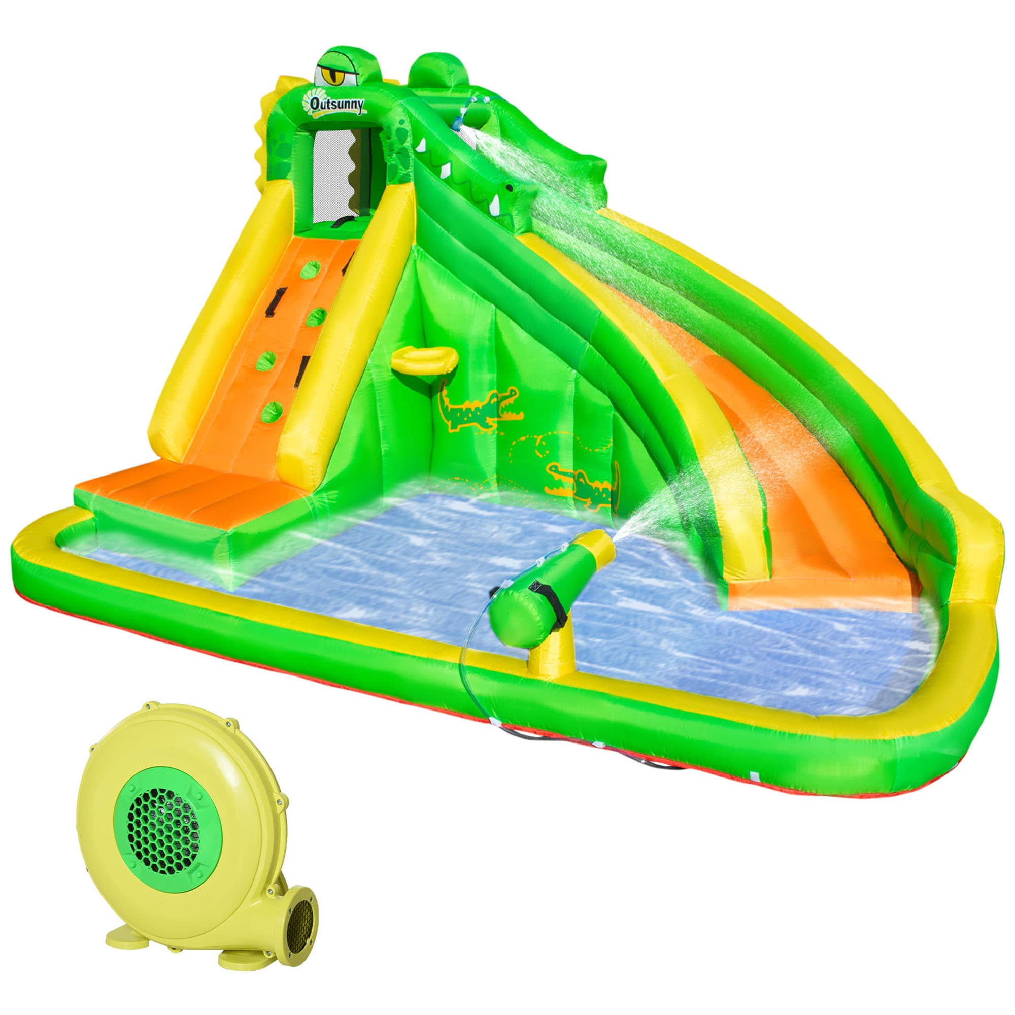 Outsunny Large Inflatable Bouncy Castle w/ Slide, Climbing Wall, Water Pool, Crocodile Design for Children 3-8 Years, 3.85 x 2.85 x 2.25m | Aosom UK