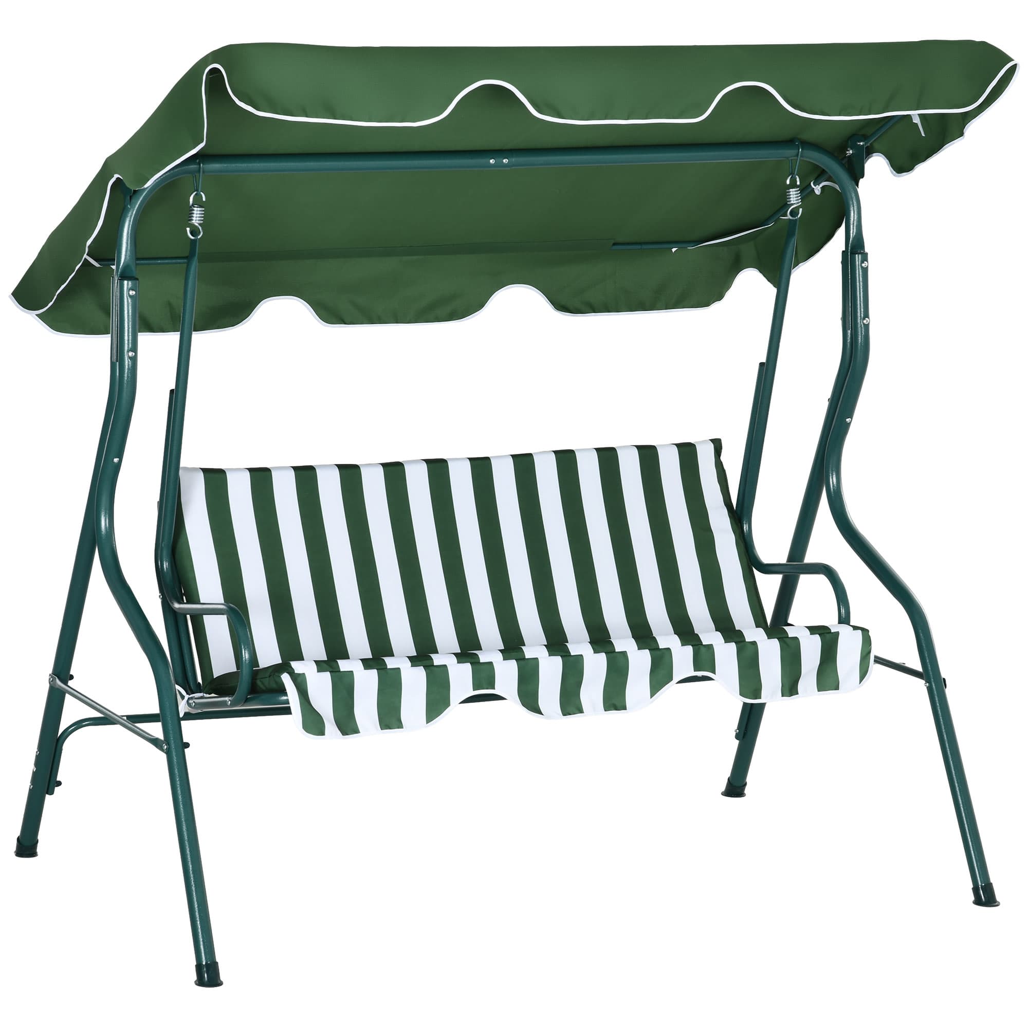 Outsunny Waterproof 3 Seater Garden Swing Seat Chair Outdoor Bench with Adjustable Canopy and Metal Frame, Green Stripes | Aosom UK