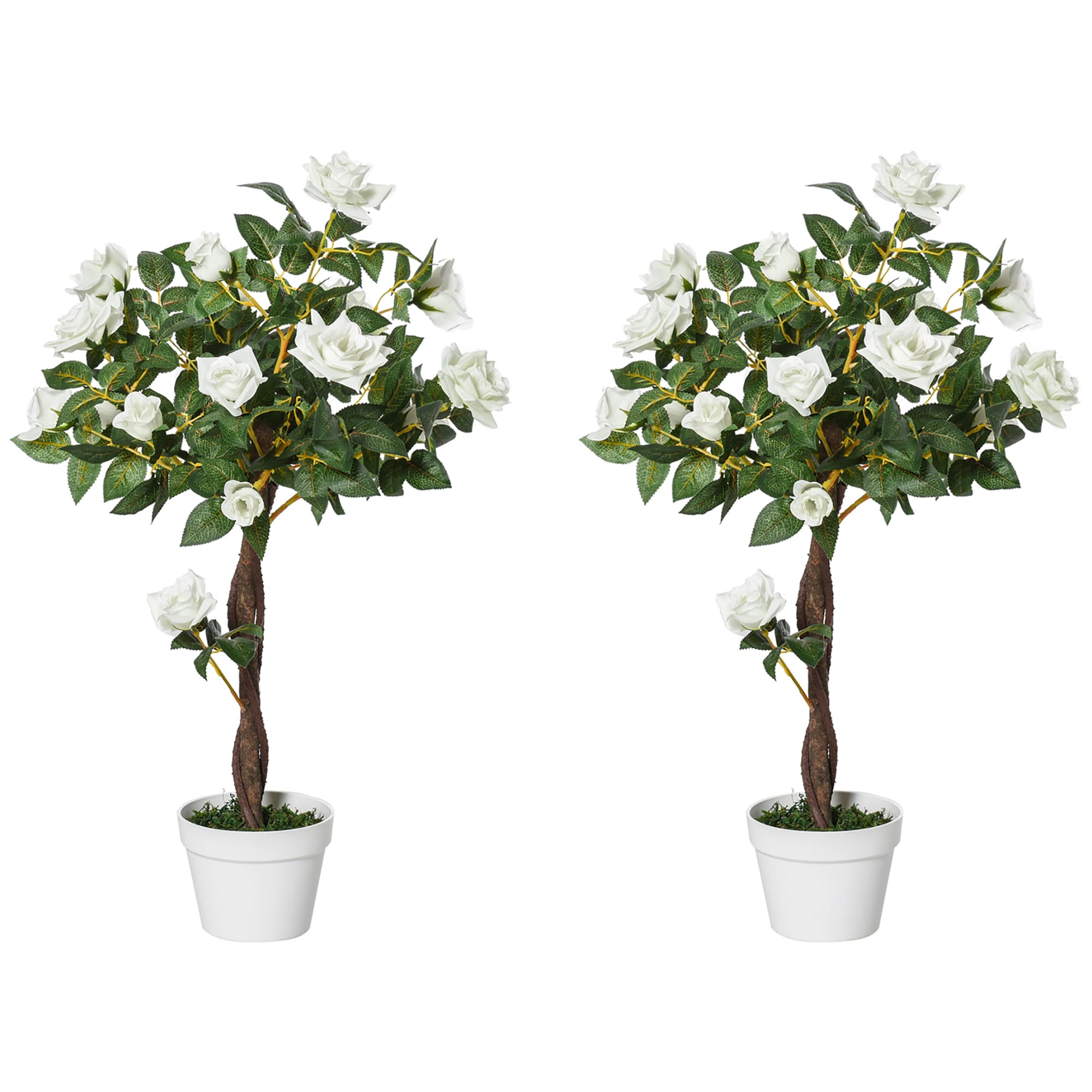 Outsunny Set of 2 Artificial Plants White Rose Floral in Pot, Fake Plants for Home Indoor Outdoor Decor, 90cm | Aosom UK