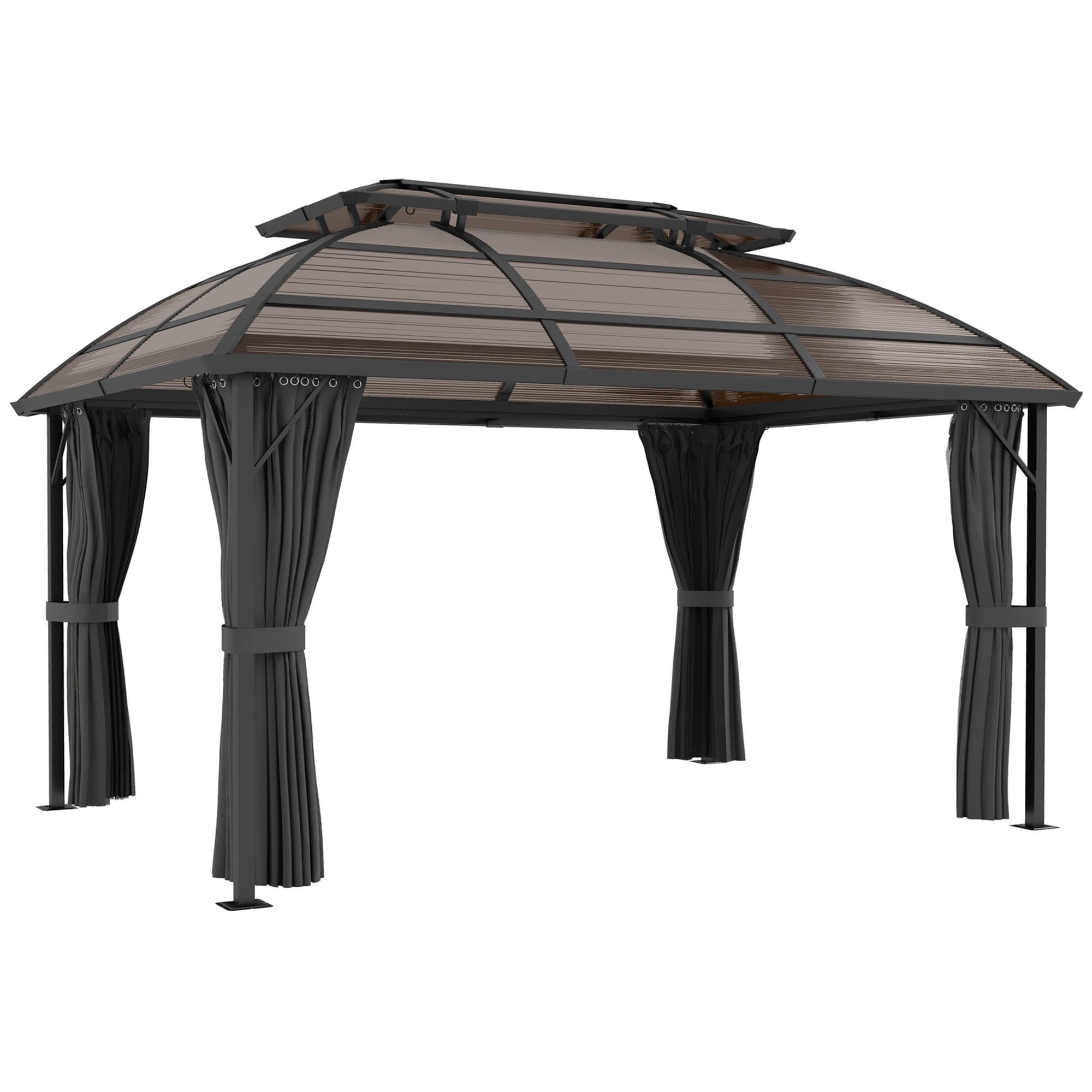 Outsunny Aluminium Frame 4 x 3(m) Polycarbonate Gazebo with Curtains, Nettings, Double Roof for Lawn, Yard, Patio, Deck, Brown