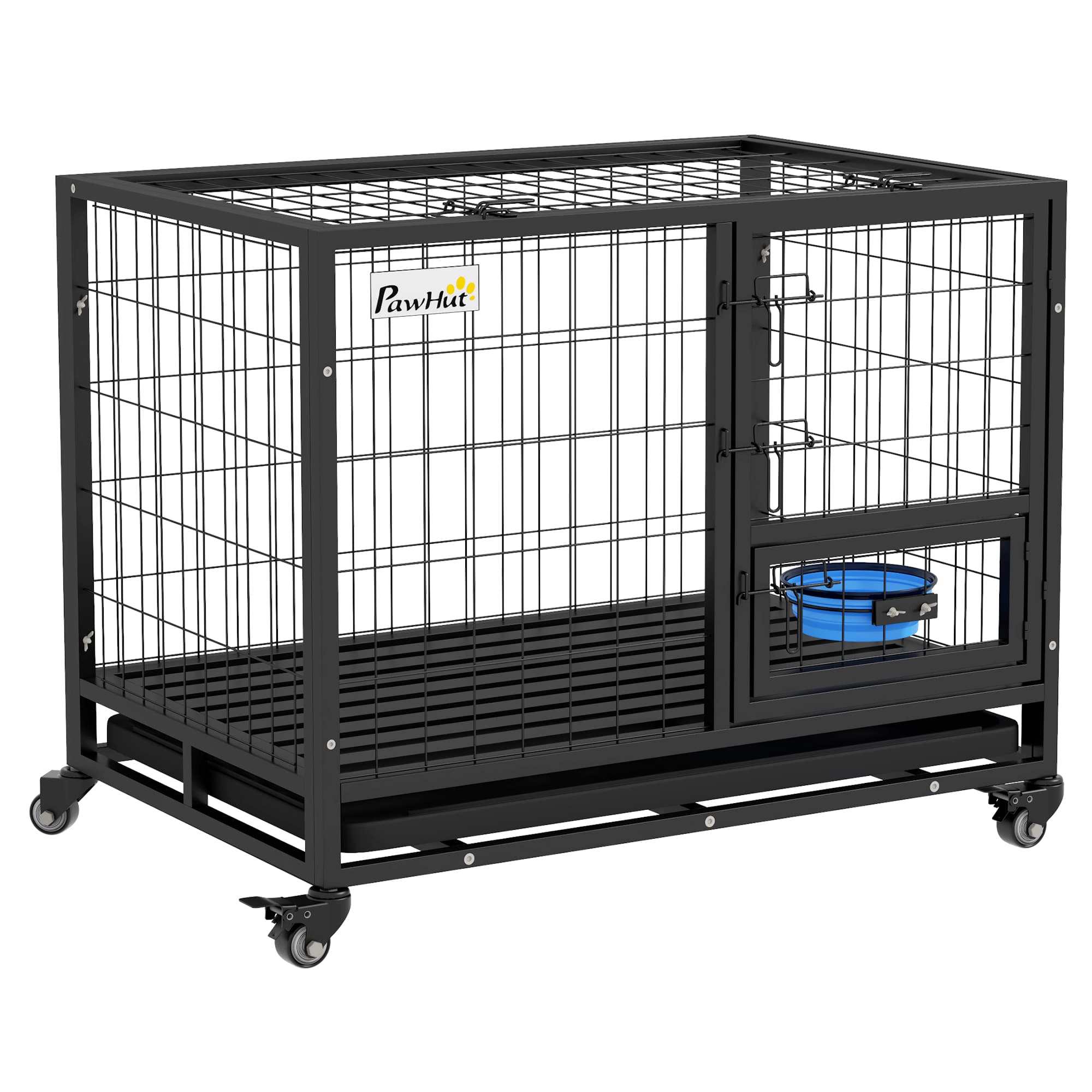 PawHut Heavy Duty Dog Crate on Wheels w/ Bowl Holder, Removable Tray, Detachable Top, Double Doors for L, XL Dogs | Aosom UK