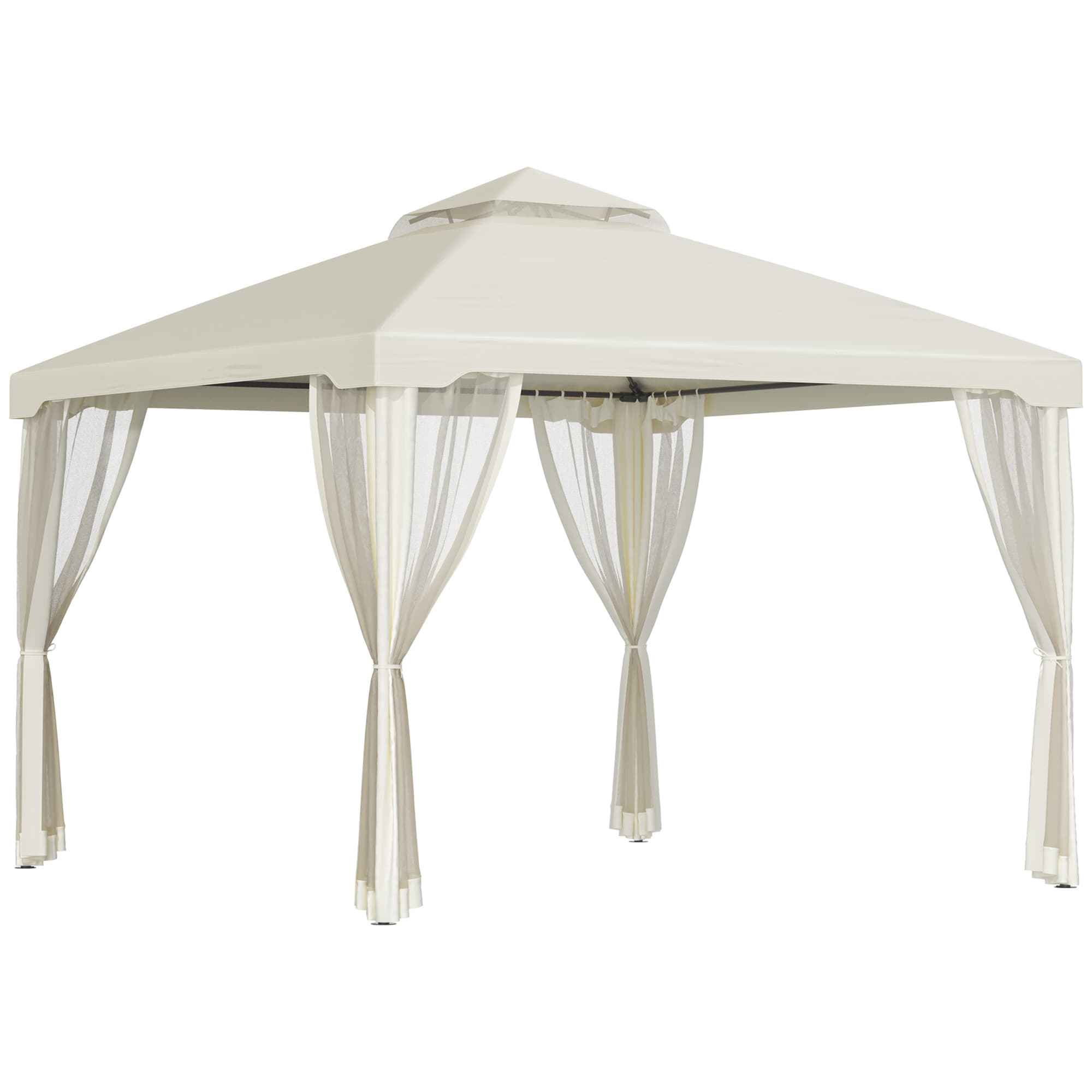 Outsunny Waterproof 3 x 3m Metal Gazebo with Mesh Sidewalls 2-tier Roof Marquee Party Tent Canopy for Sun Resistant and Against Mild Rain, Cream | Aosom UK