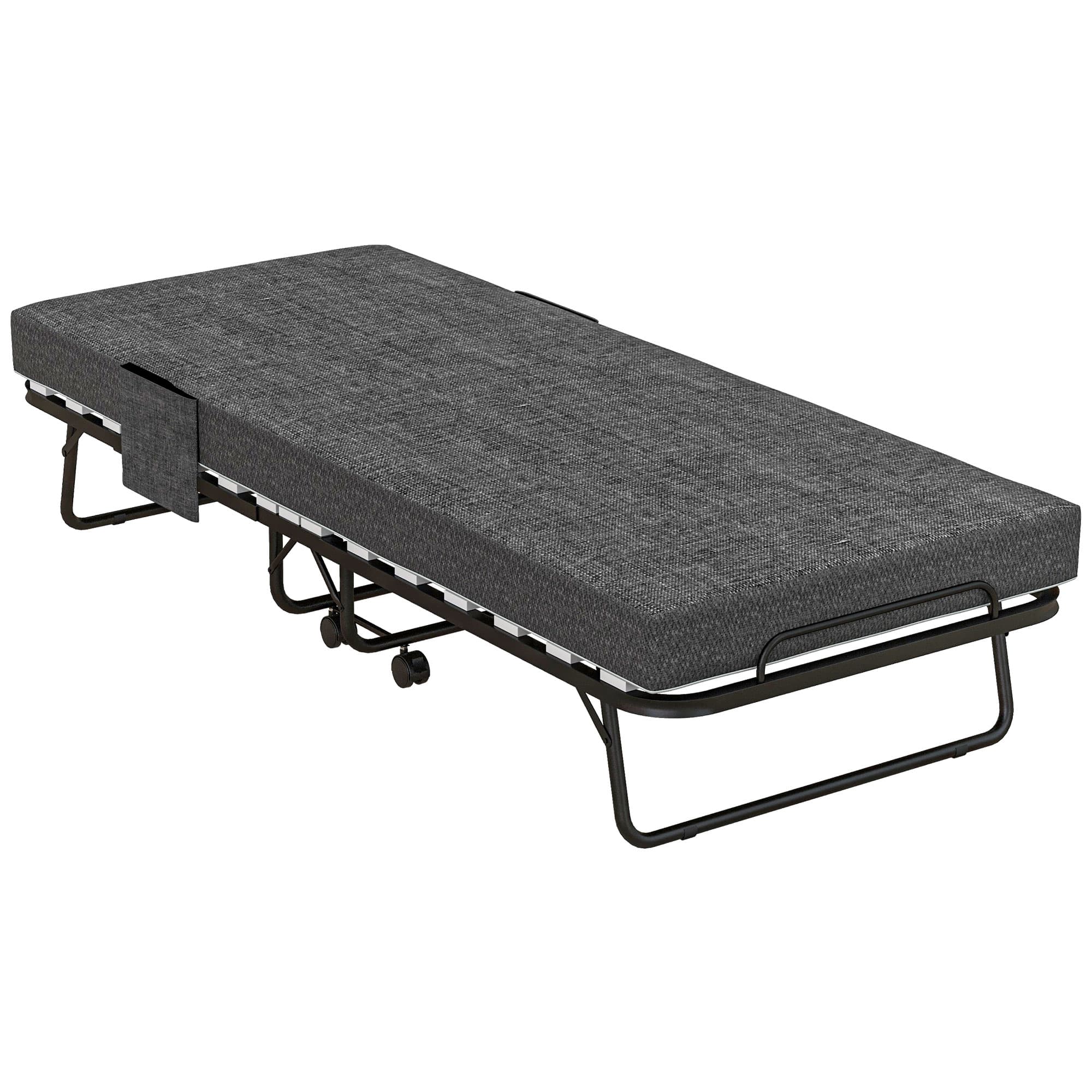 HOMCOM Folding Bed with Mattress, Foldable Guest Bed on Wheels, Portable Single Bed with 10cm Mattress, 190 x 80cm, Dark Grey | Aosom UK