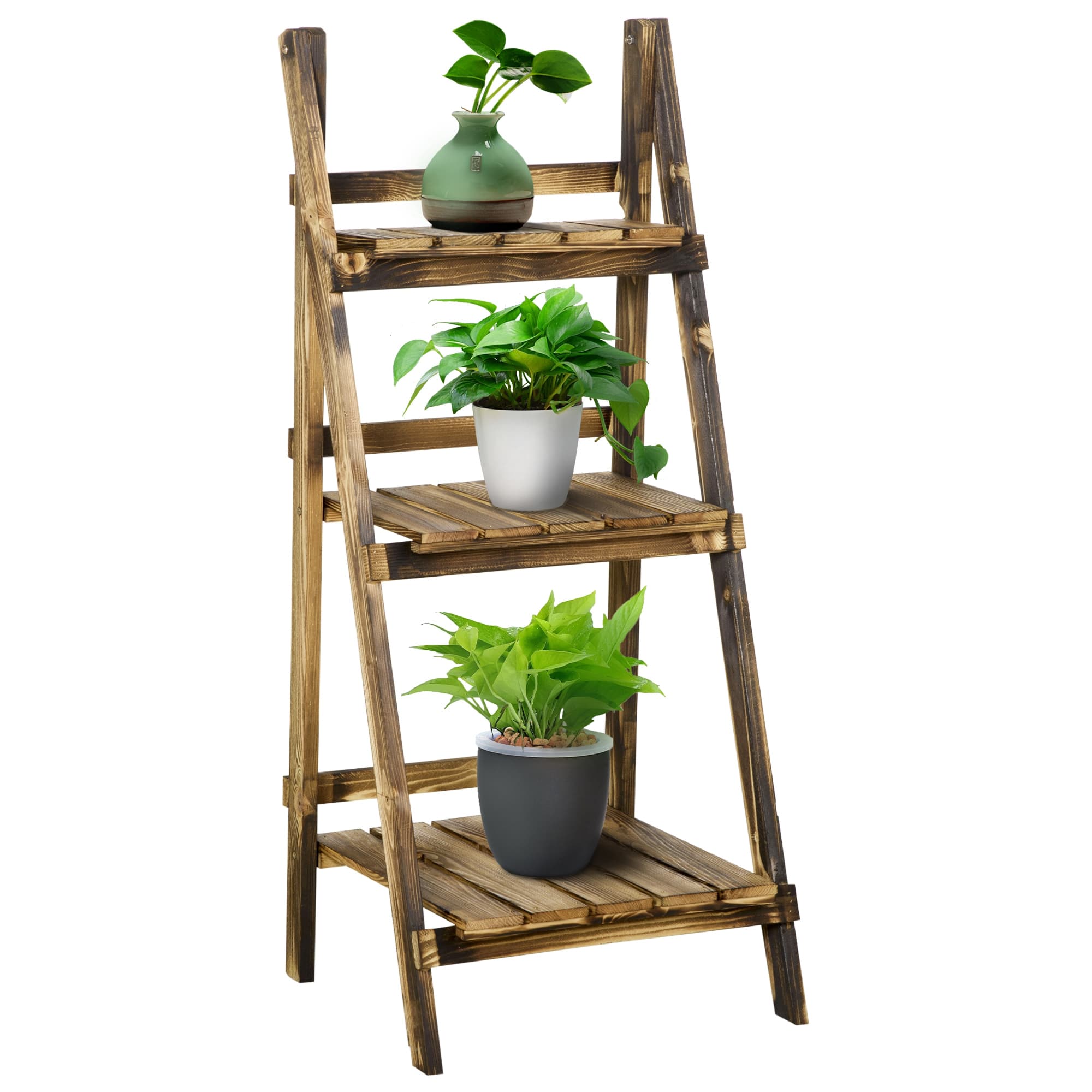 Outsunny 3 Tier Flower Stand Wood Folding Planter Ladder Display Shelf Rack for Garden Outdoor Backyard 40Lx37Wx93H(cm) | Aosom UK