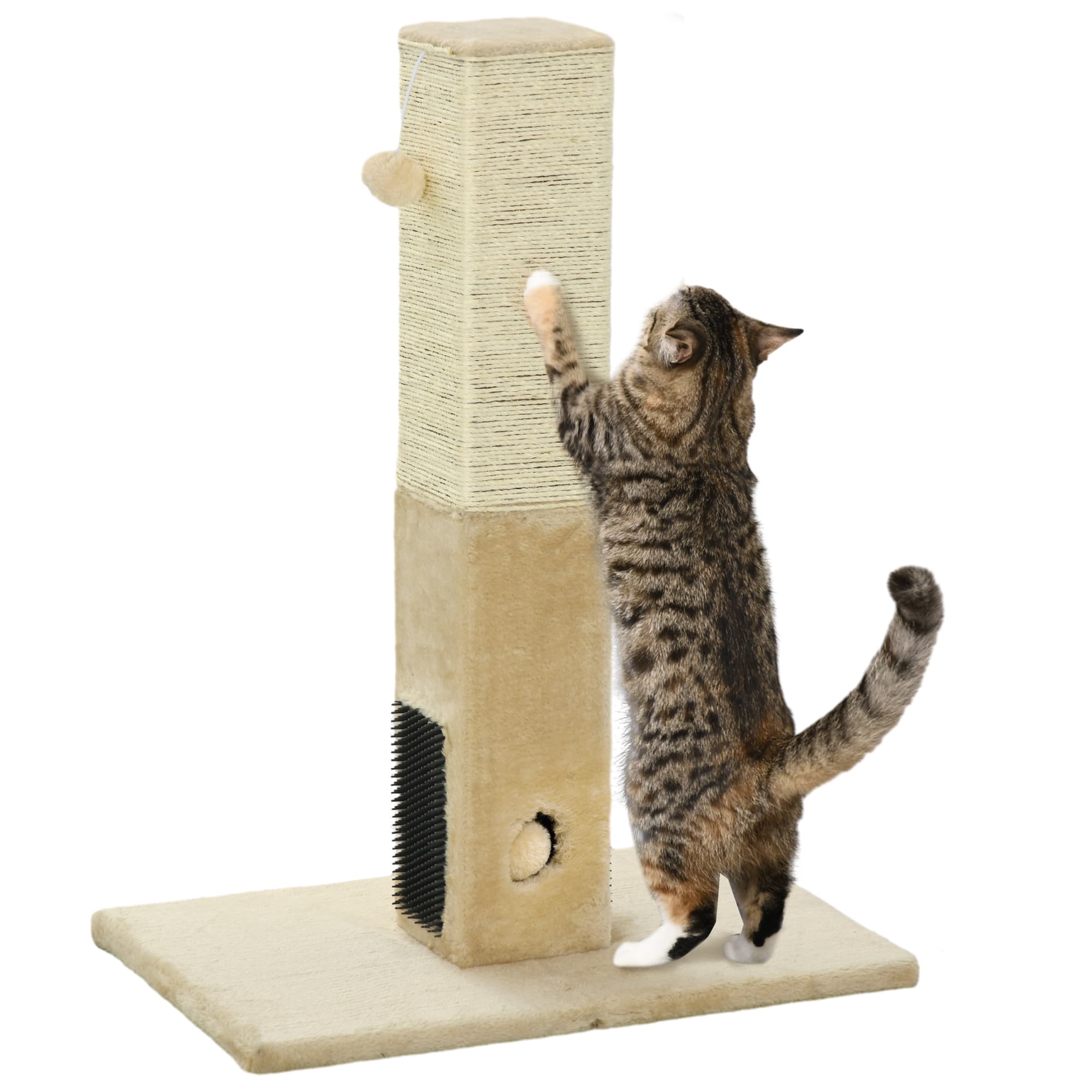 PawHut Interactive Cat Scratching Post, Jute Material with Carpet Base and Hanging Toy, Beige | Aosom UK