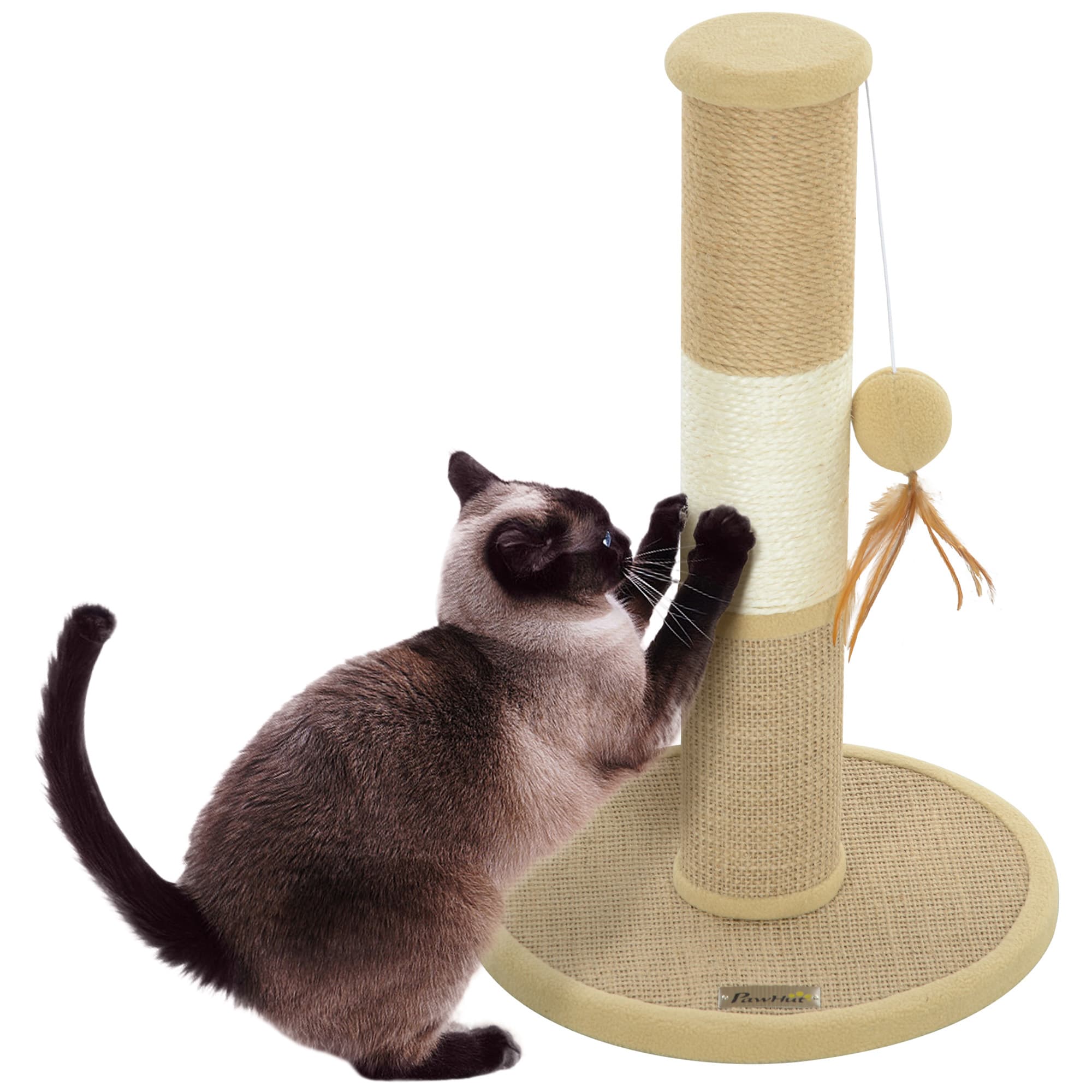 PawHut Cat Scratching Post for Indoor Cats, 47cm Tall Cat Scratcher with Jute Sisal Rope, Hanging Toy Ball, Feather, Brown | Aosom UK