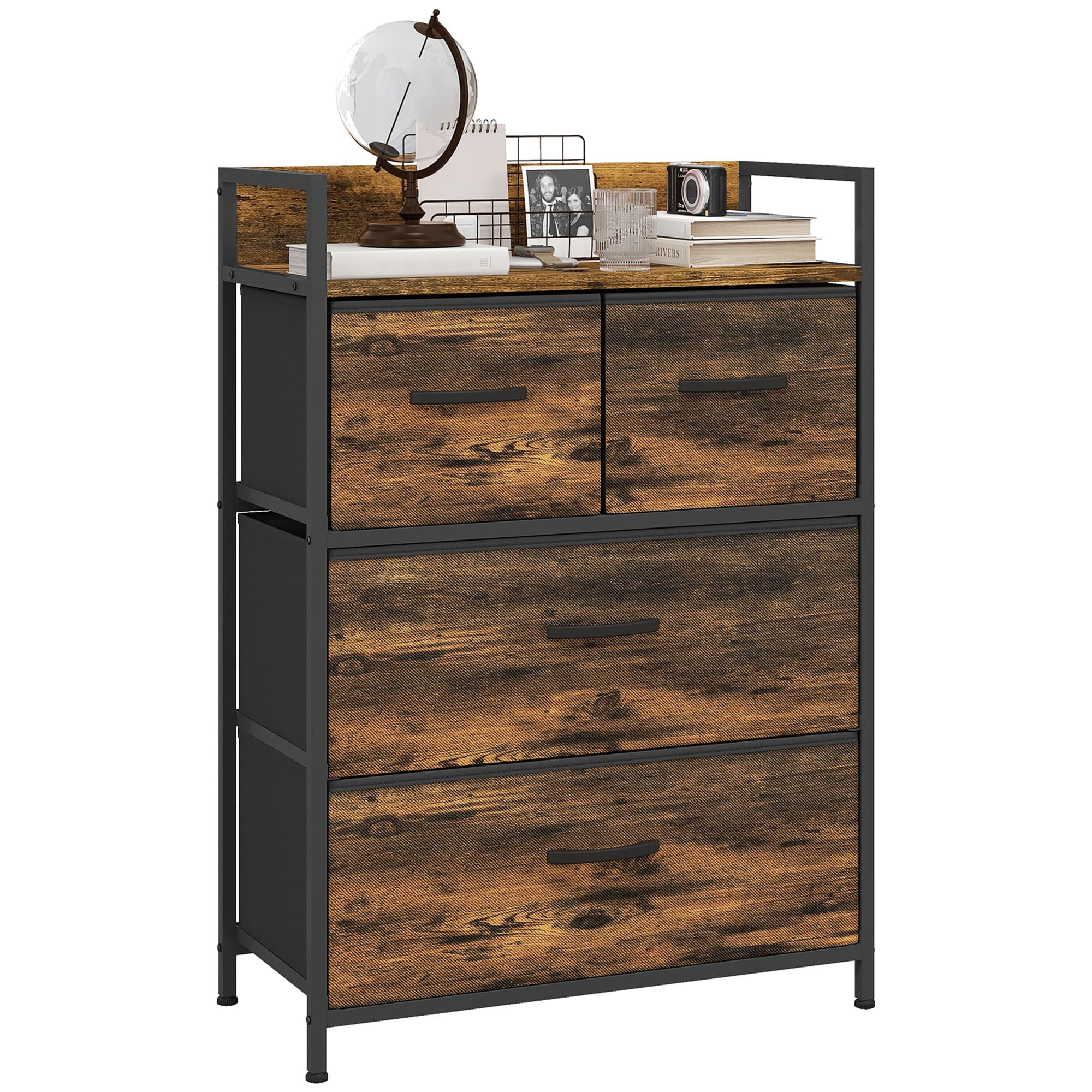 HOMCOM Bedroom Chest of Drawers, 4 Drawer Dresser Storage Organiser Unit with Drawers, Open Shelf and Steel Frame for Living Room | Aosom UK
