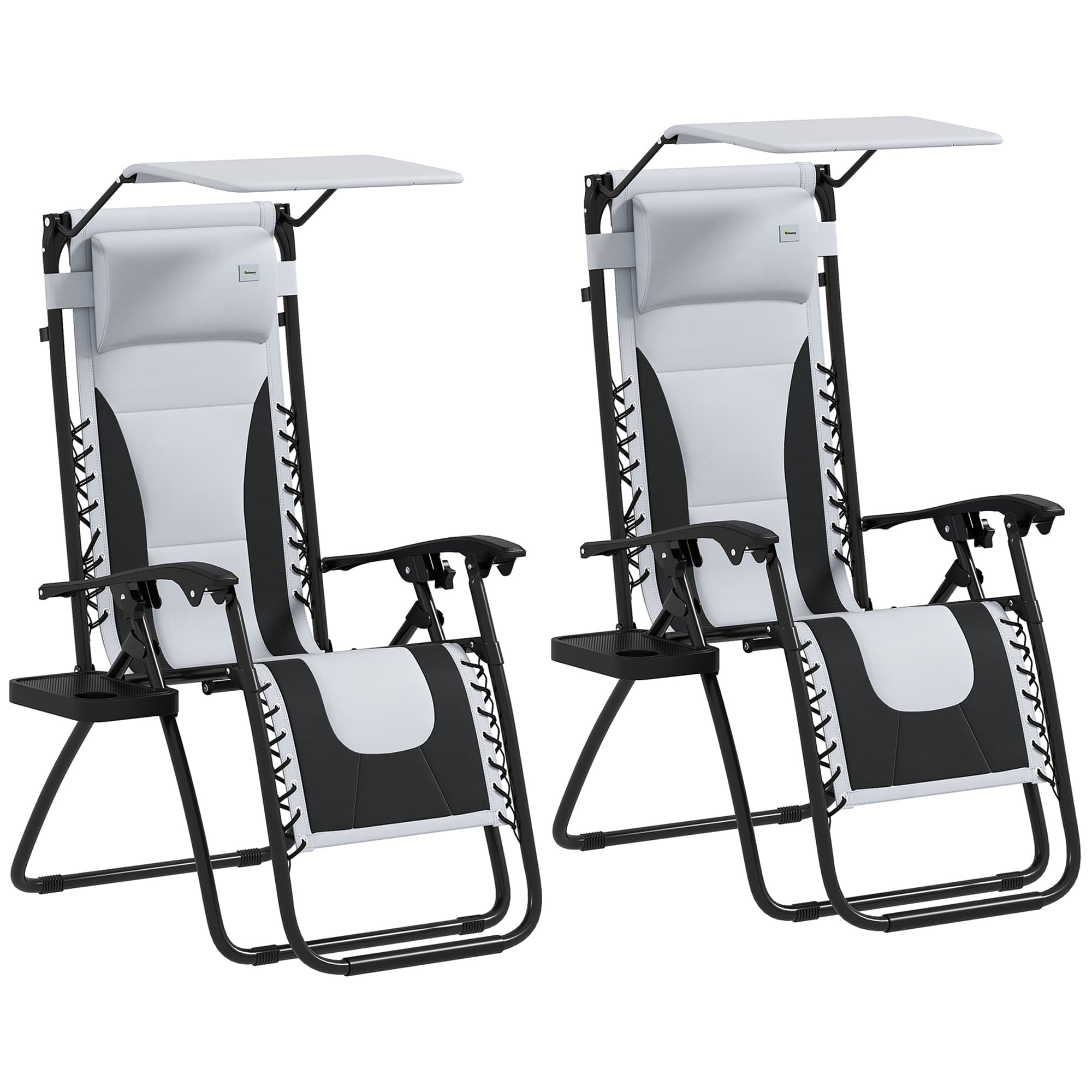 Outsunny Zero Gravity Lounger Chair Set of 2, Folding Reclining Patio Chair with Shade Cover, Cup Holder for Poolside, Camping, Light Grey