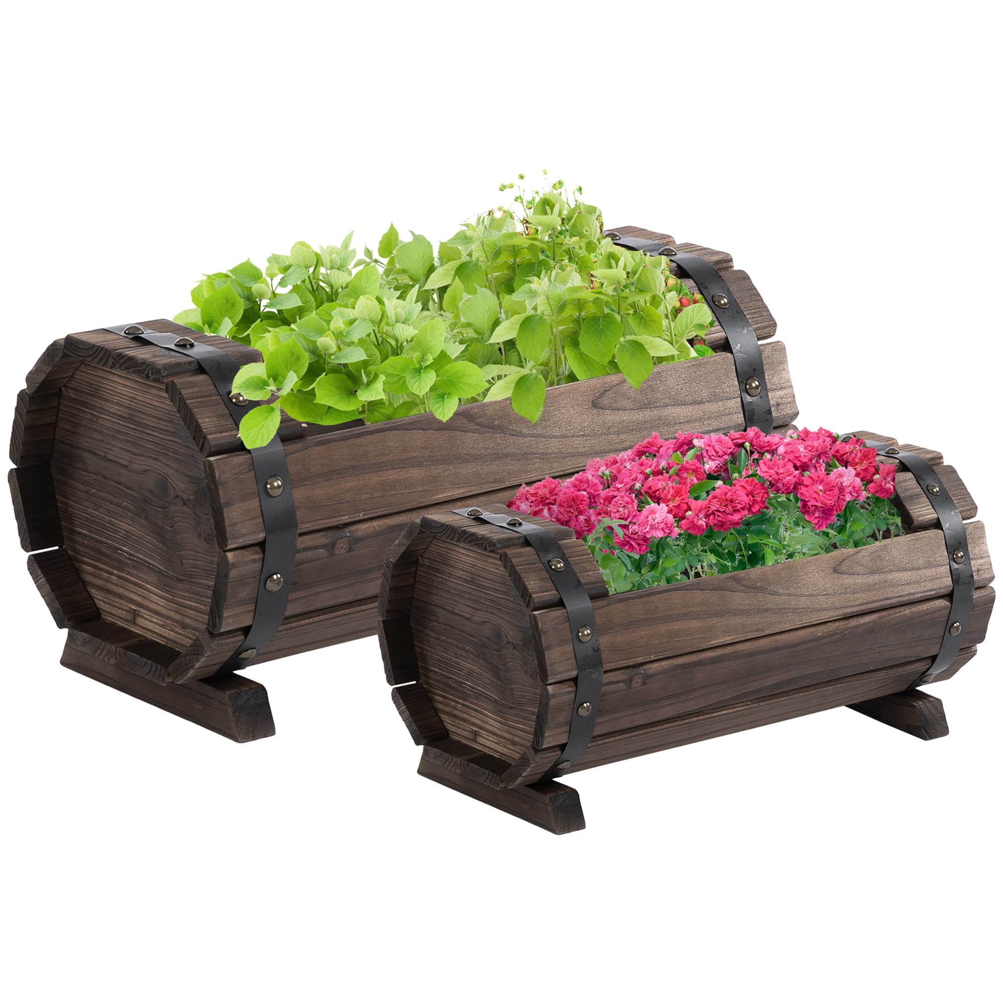 Outsunny Wooden Planters: Durable Carbonized Finish for Indoor & Outdoor Floral Displays, Set of 2 | Aosom UK