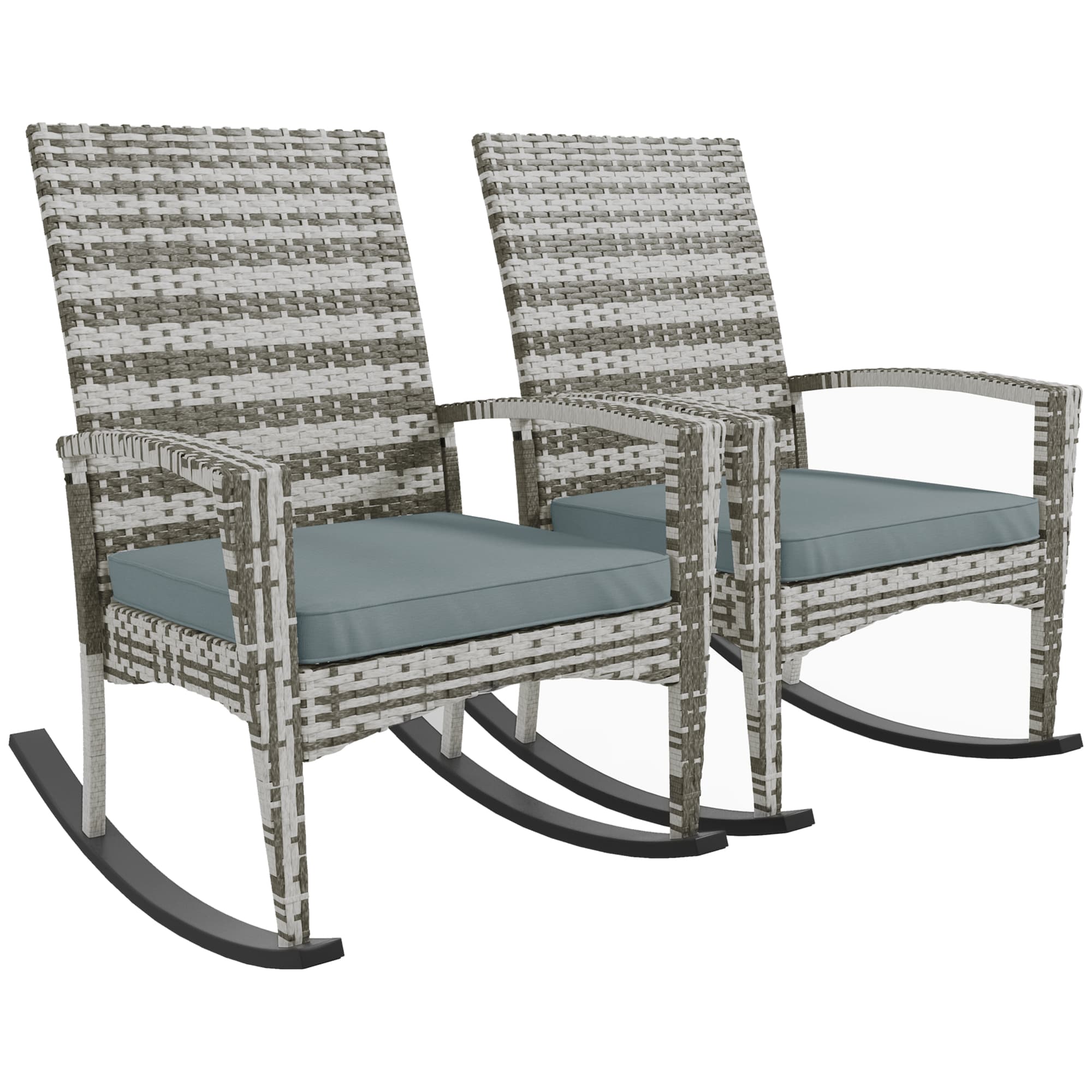Outsunny Outdoor PE Rattan Rocking Chair Set of 2, Garden Rocking Chair Set with Armrest and Cushion, Light Grey | Aosom UK