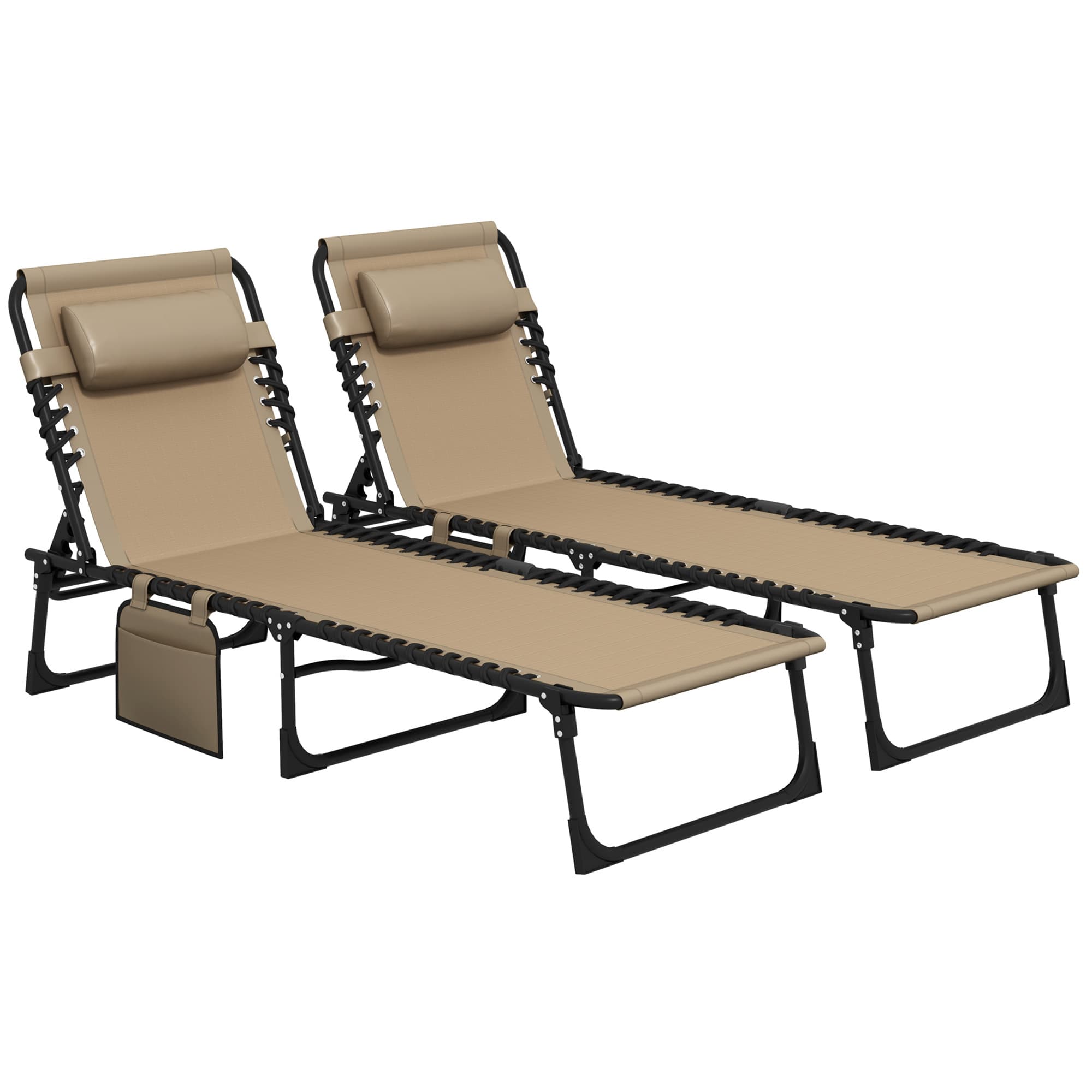 Outsunny Portable Sun Lounger Set of 2, Folding Camping Bed Cot, Reclining Lounge Chair 5-position Adjustable Backrest with Side Pocket  | Aosom UK