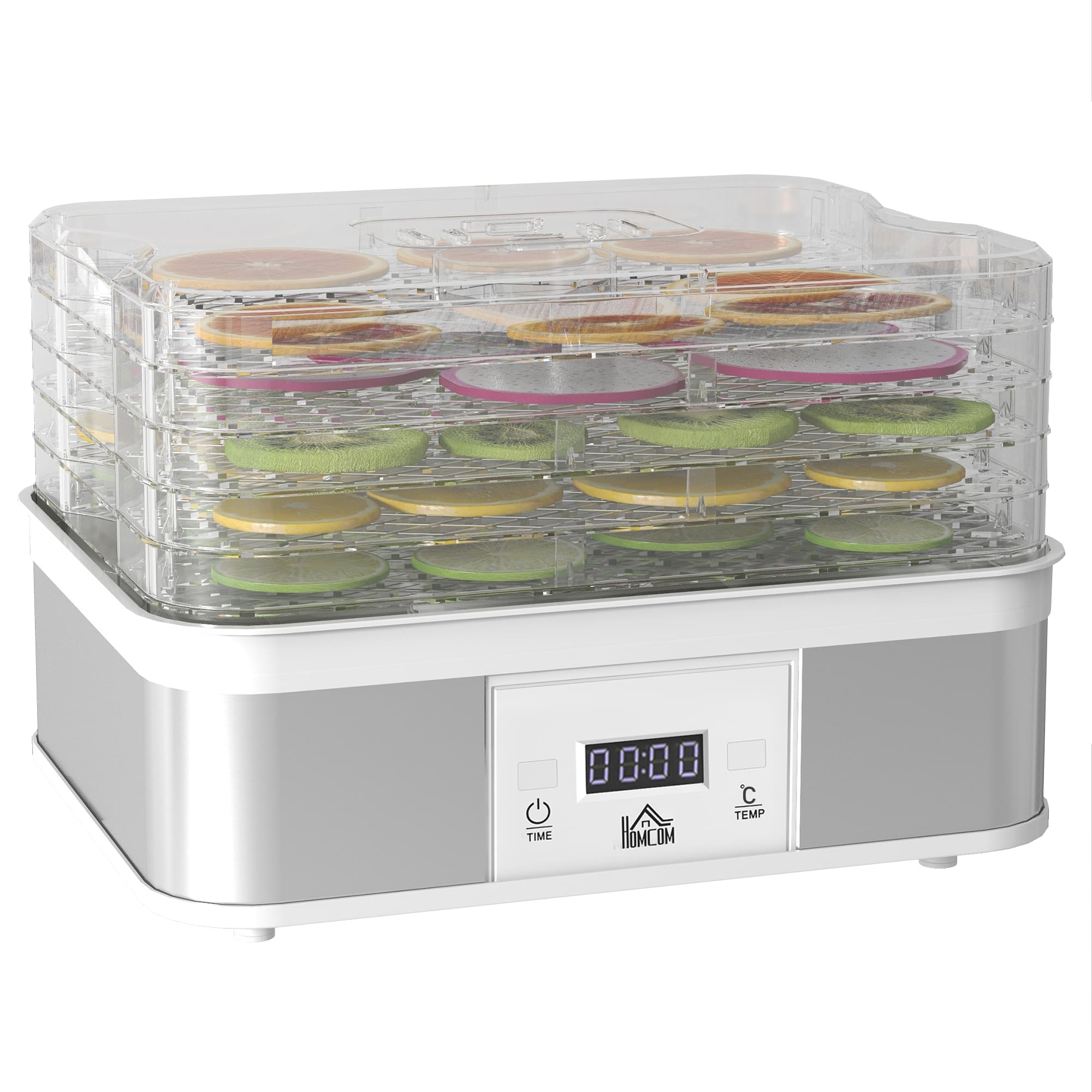HOMCOM Food Dehydrator 5 Tier Dehydrator Machine, 245W Stainless Steel Food Dryer Machine w/ Adjustable Temperature, Timer & LCD Display | Aosom UK