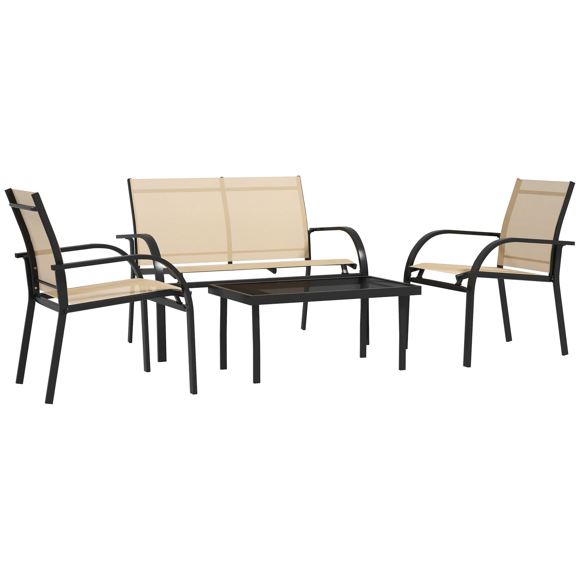 Outsunny 4 Pcs Curved Steel Outdoor Furniture Set w/ Loveseat, 2 Texteline Seats, Glass Top Table Garden Balcony Patio Furniture For Family Party Events Guests -Beige
