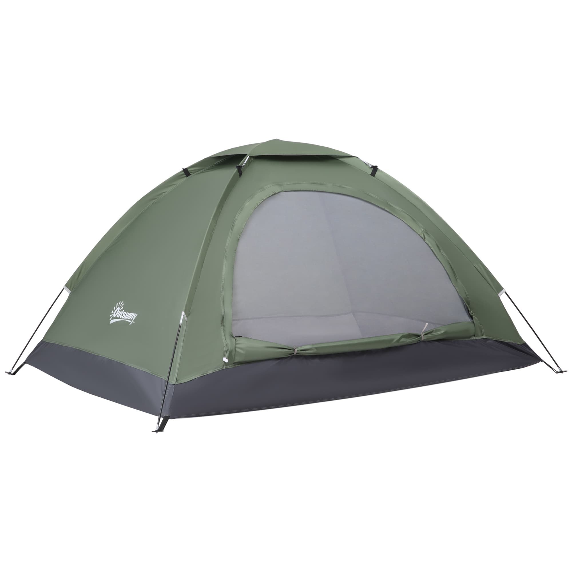 Outsunny 2 Person Camping Tent, Camouflage Tent with Zipped Doors, Storage Pocket, Portable Handy Bag, Dark Green | Aosom UK