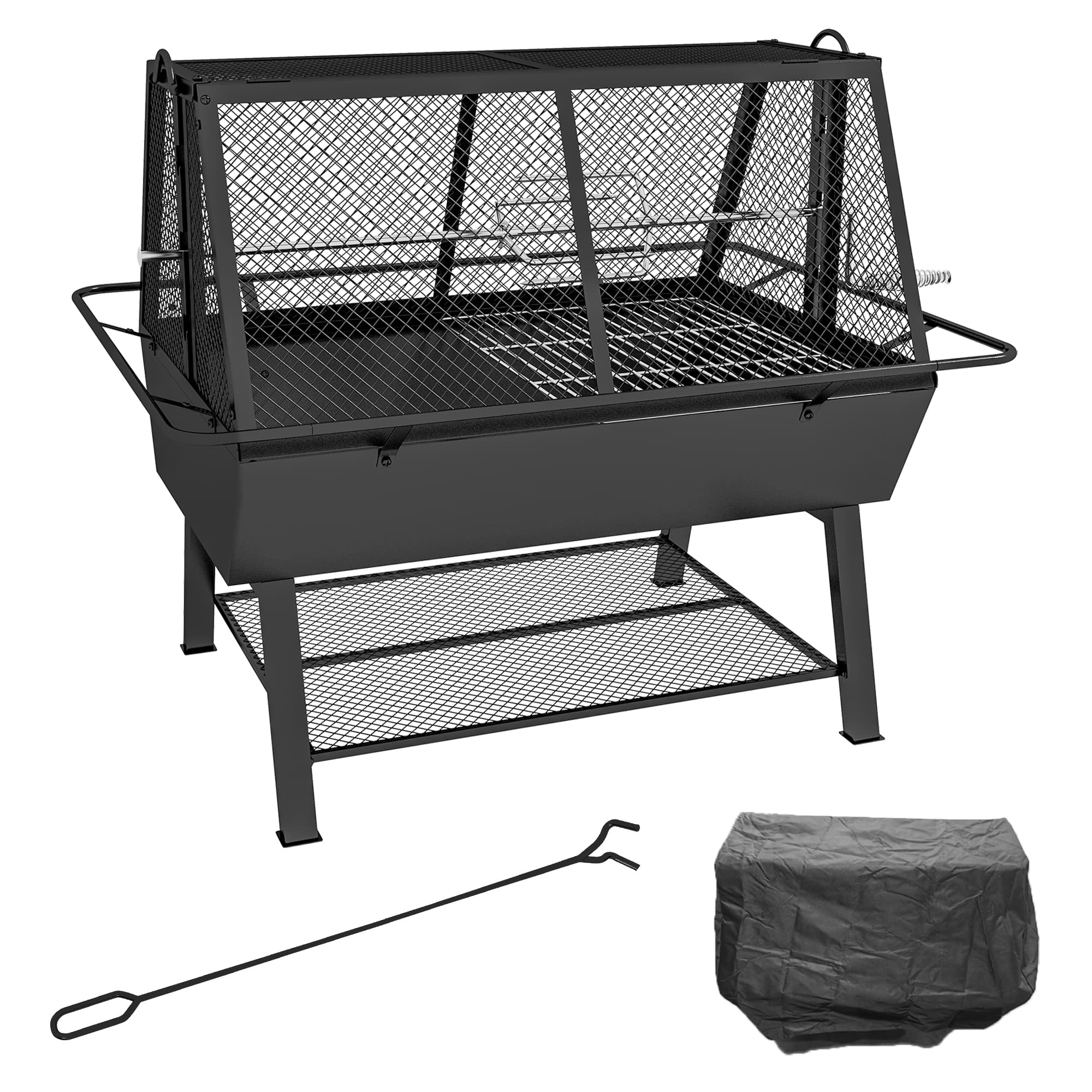 Outsunny 3-in-1 Charcoal Barbecue Grill, Rotisserie Roaster, Fire Pit with Storage Shelf and Mesh Lid
